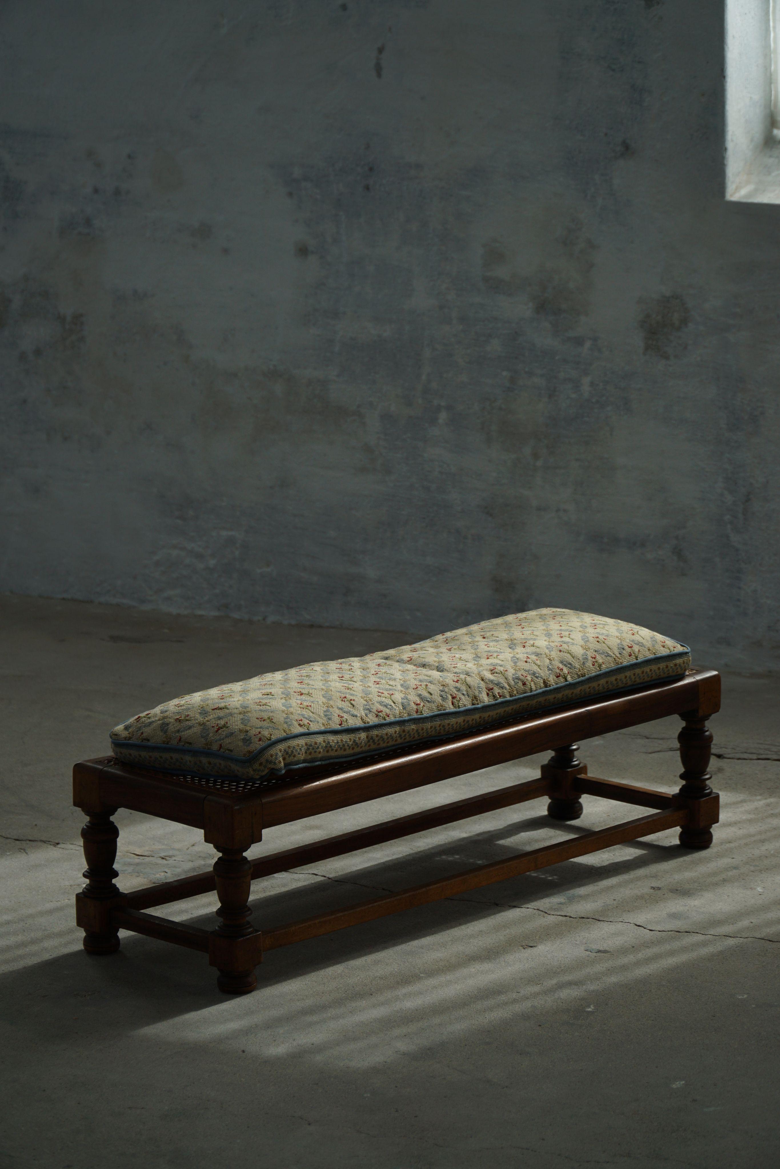 Danish Oak Footstool with Hand-Embroidered Cushion & Cane Seat, Baroque, 1940s For Sale 8