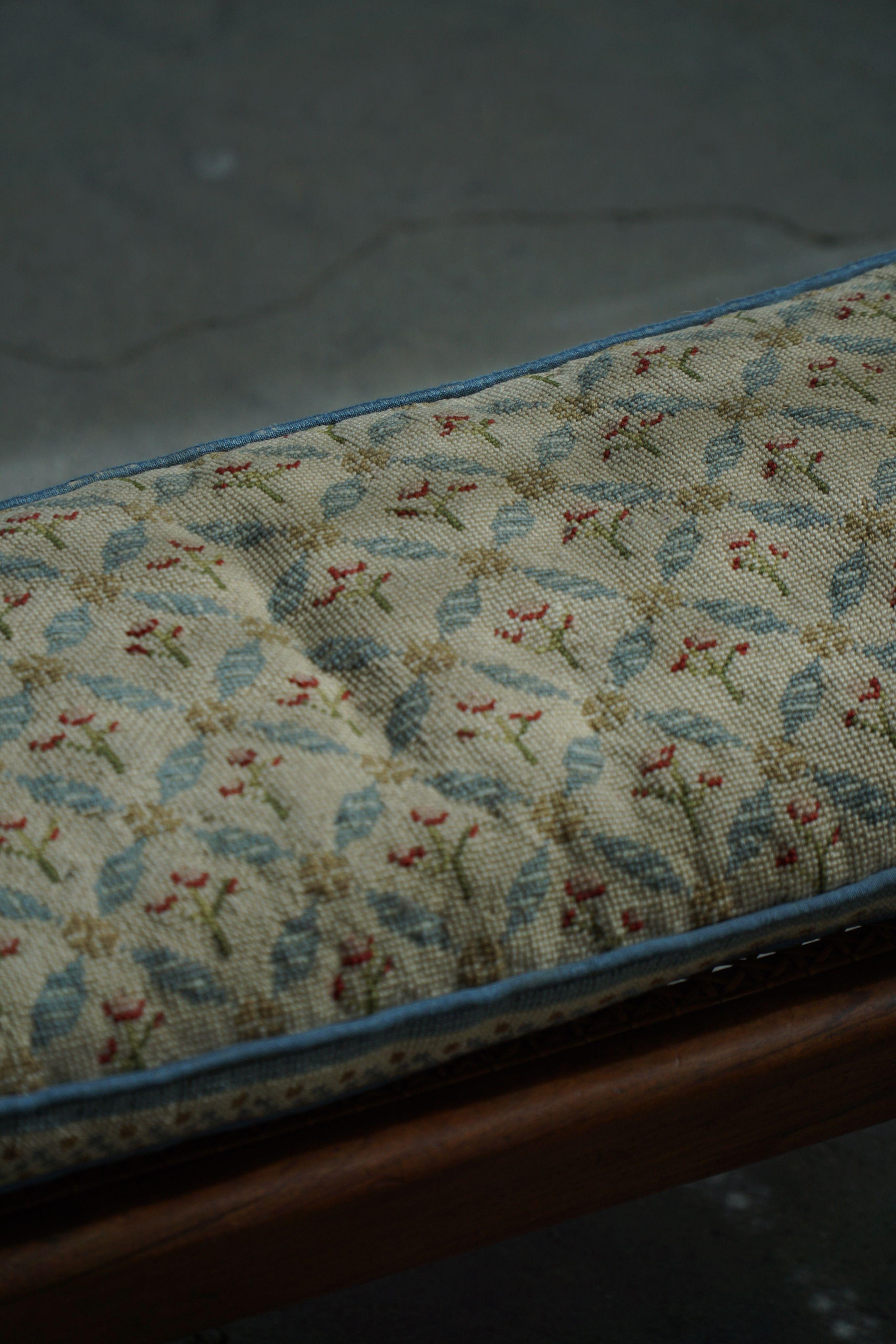 Danish Oak Footstool with Hand-Embroidered Cushion & Cane Seat, Baroque, 1940s For Sale 9