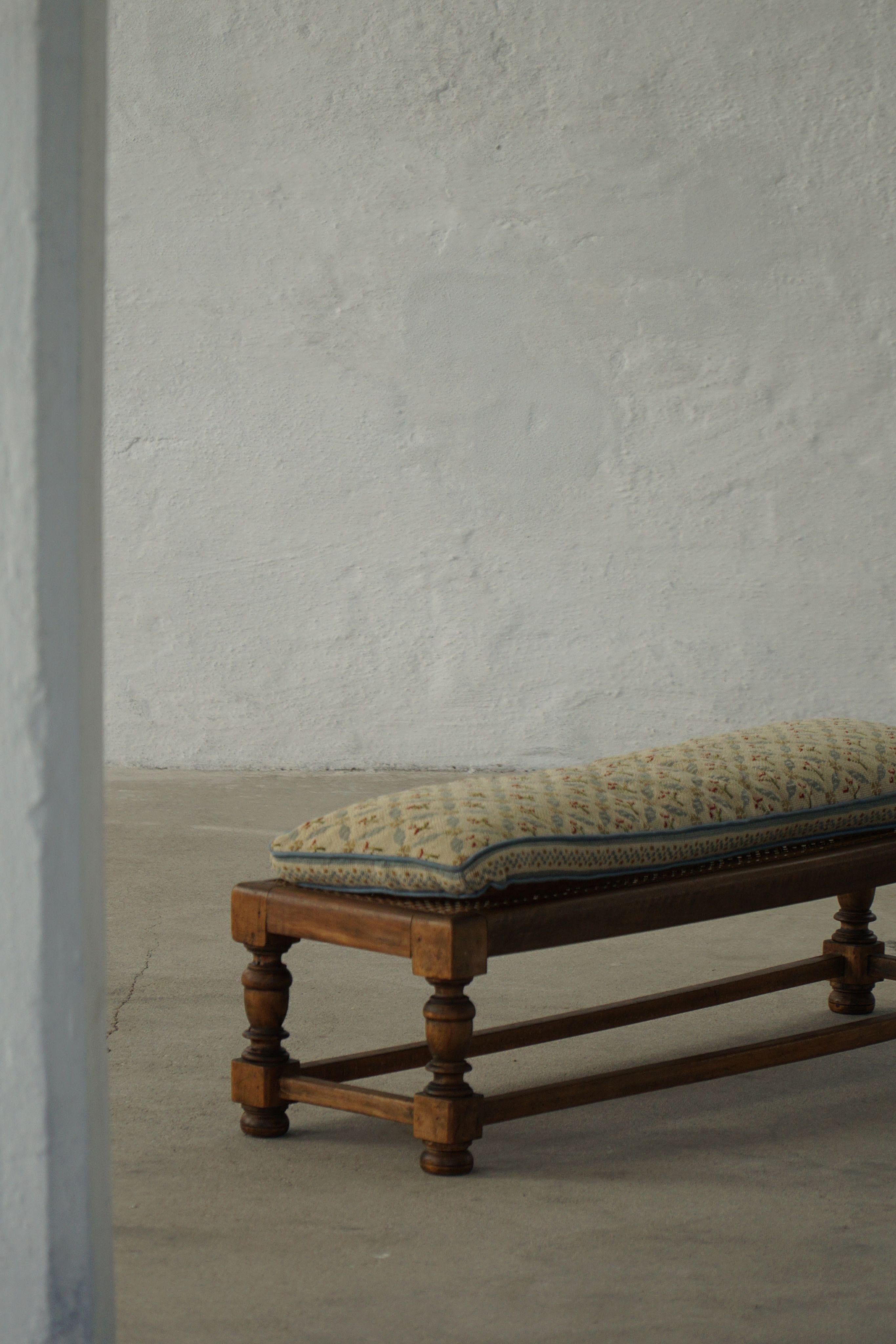 Danish Oak Footstool with Hand-Embroidered Cushion & Cane Seat, Baroque, 1940s For Sale 10