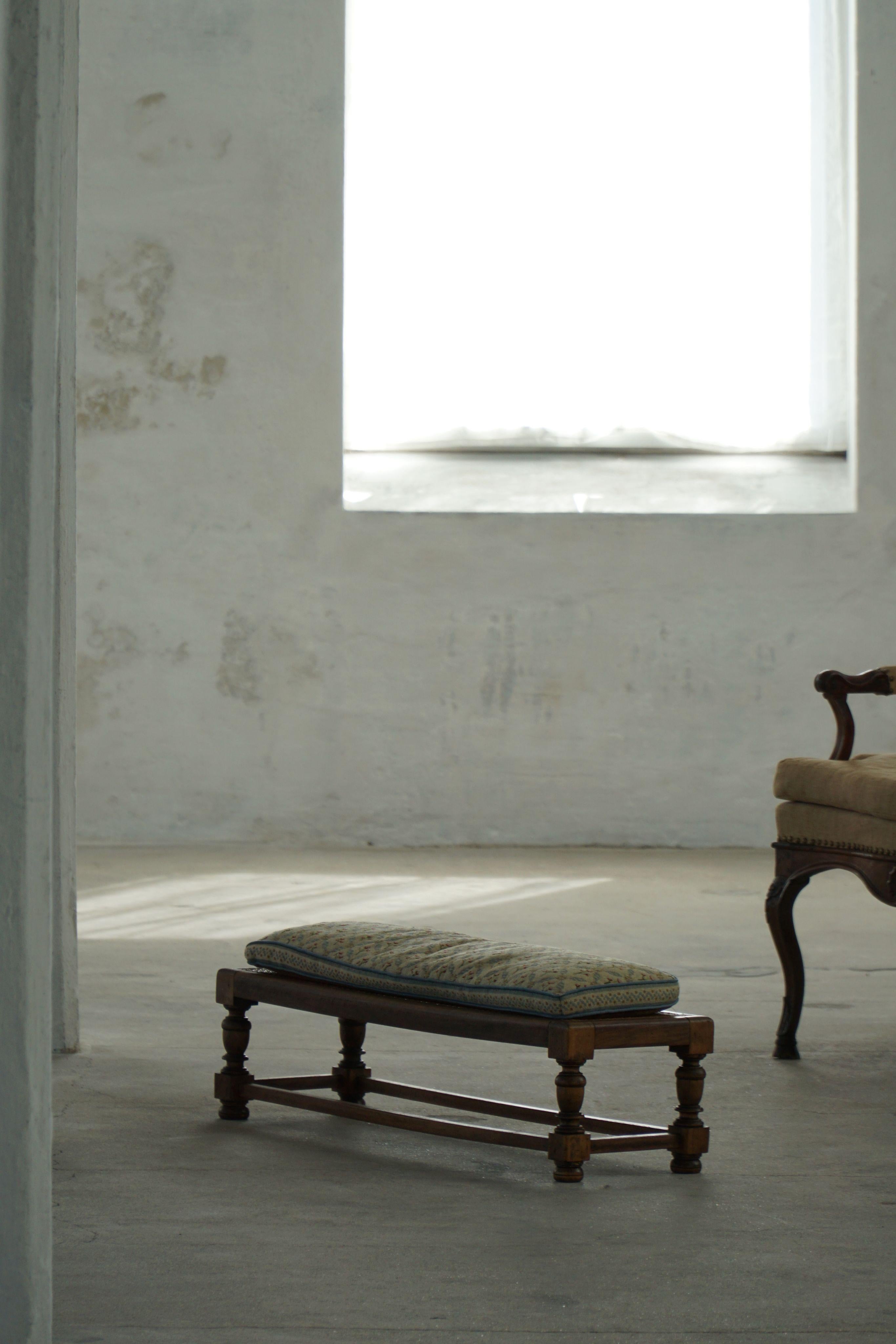 Danish Oak Footstool with Hand-Embroidered Cushion & Cane Seat, Baroque, 1940s For Sale 11
