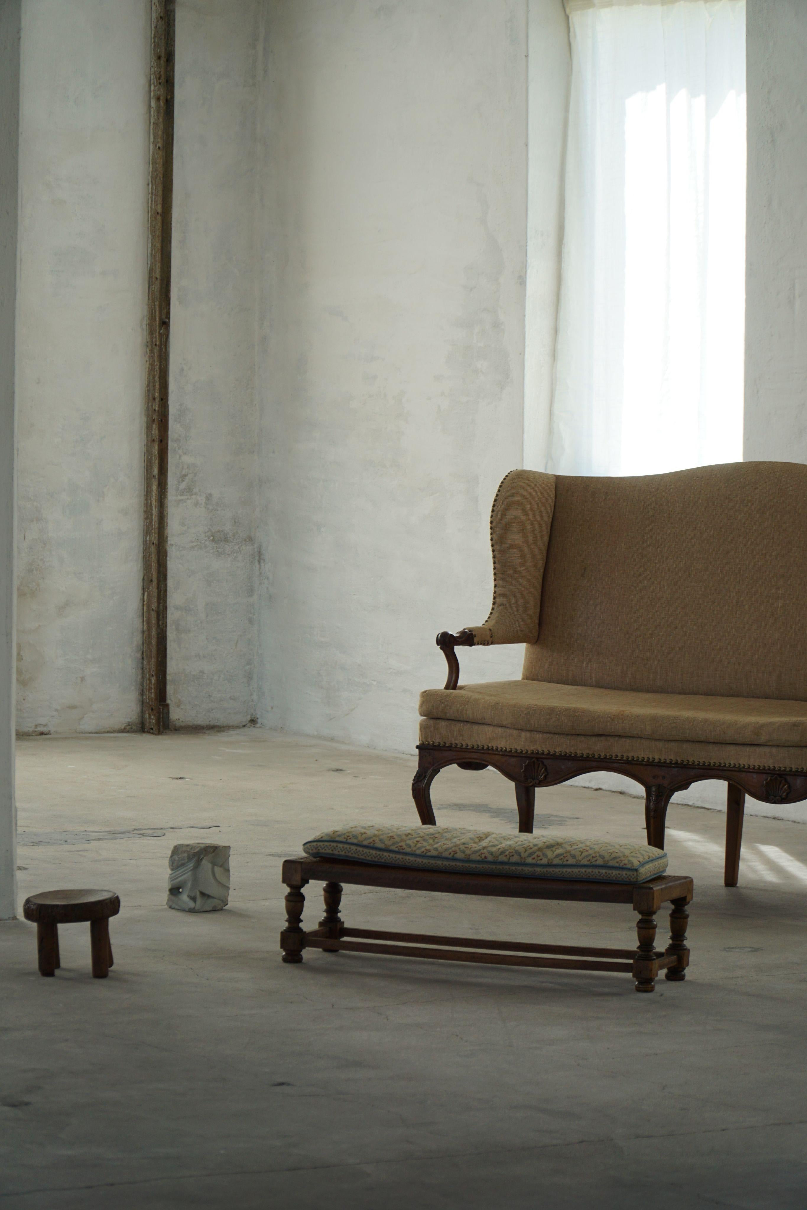 Danish Oak Footstool with Hand-Embroidered Cushion & Cane Seat, Baroque, 1940s For Sale 12