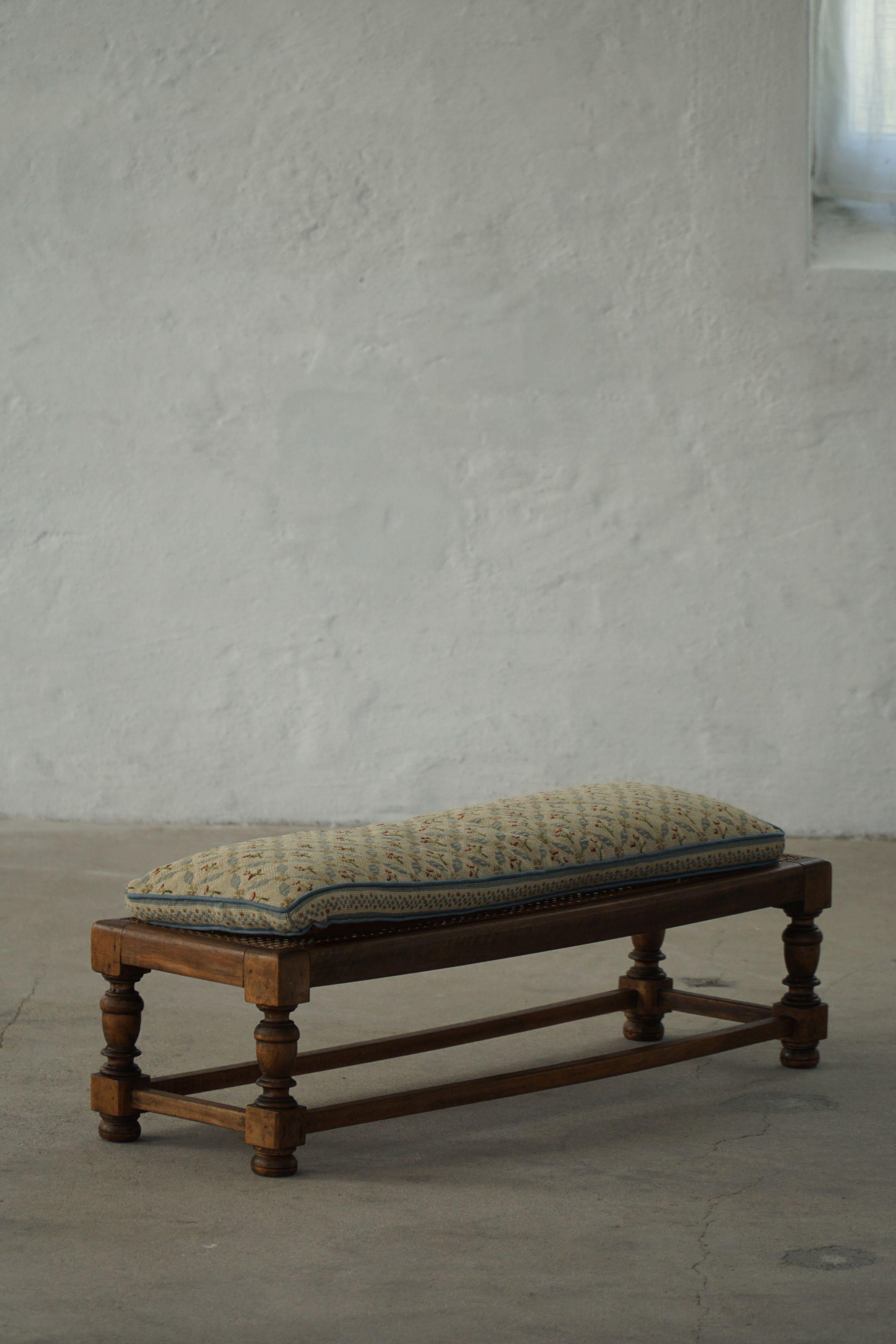 Hand-Carved Danish Oak Footstool with Hand-Embroidered Cushion & Cane Seat, Baroque, 1940s For Sale