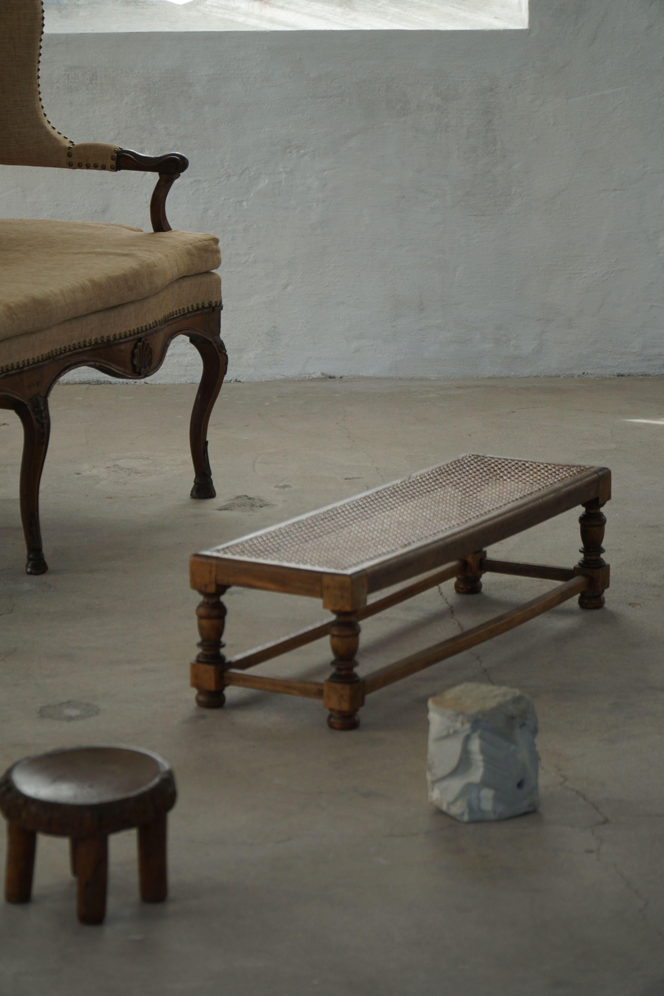 20th Century Danish Oak Footstool with Hand-Embroidered Cushion & Cane Seat, Baroque, 1940s For Sale