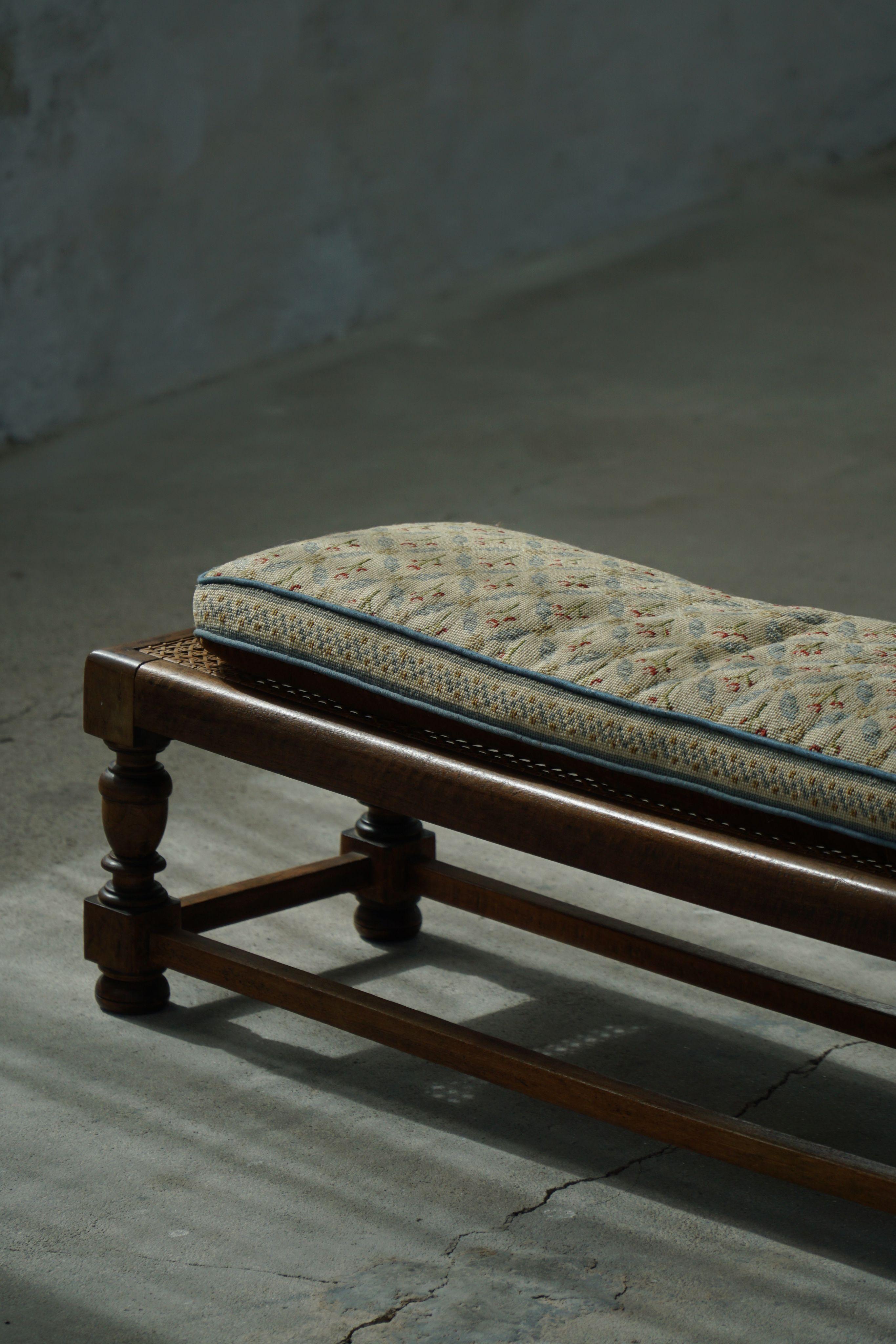 Danish Oak Footstool with Hand-Embroidered Cushion & Cane Seat, Baroque, 1940s For Sale 1