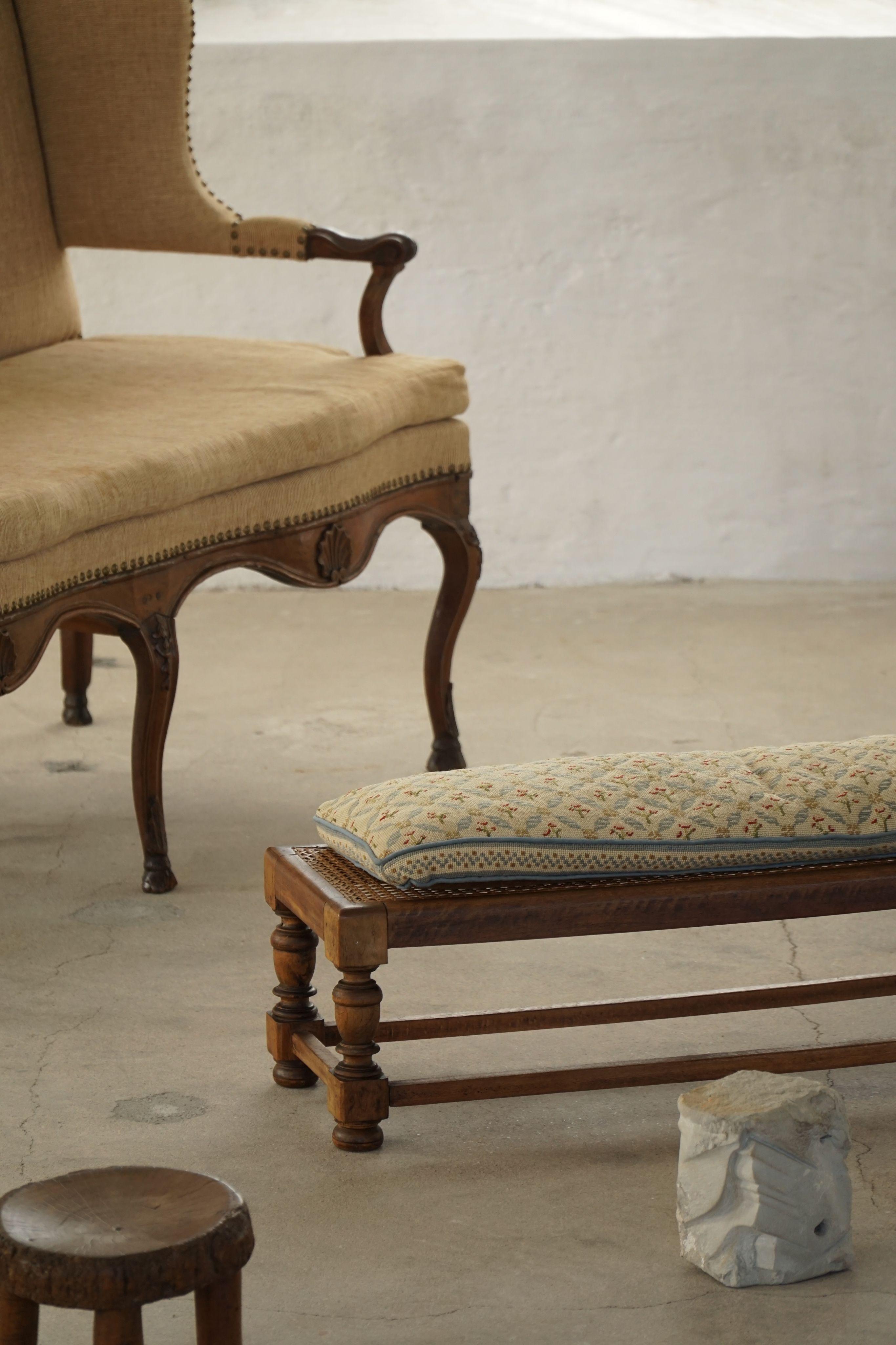 Danish Oak Footstool with Hand-Embroidered Cushion & Cane Seat, Baroque, 1940s For Sale 2