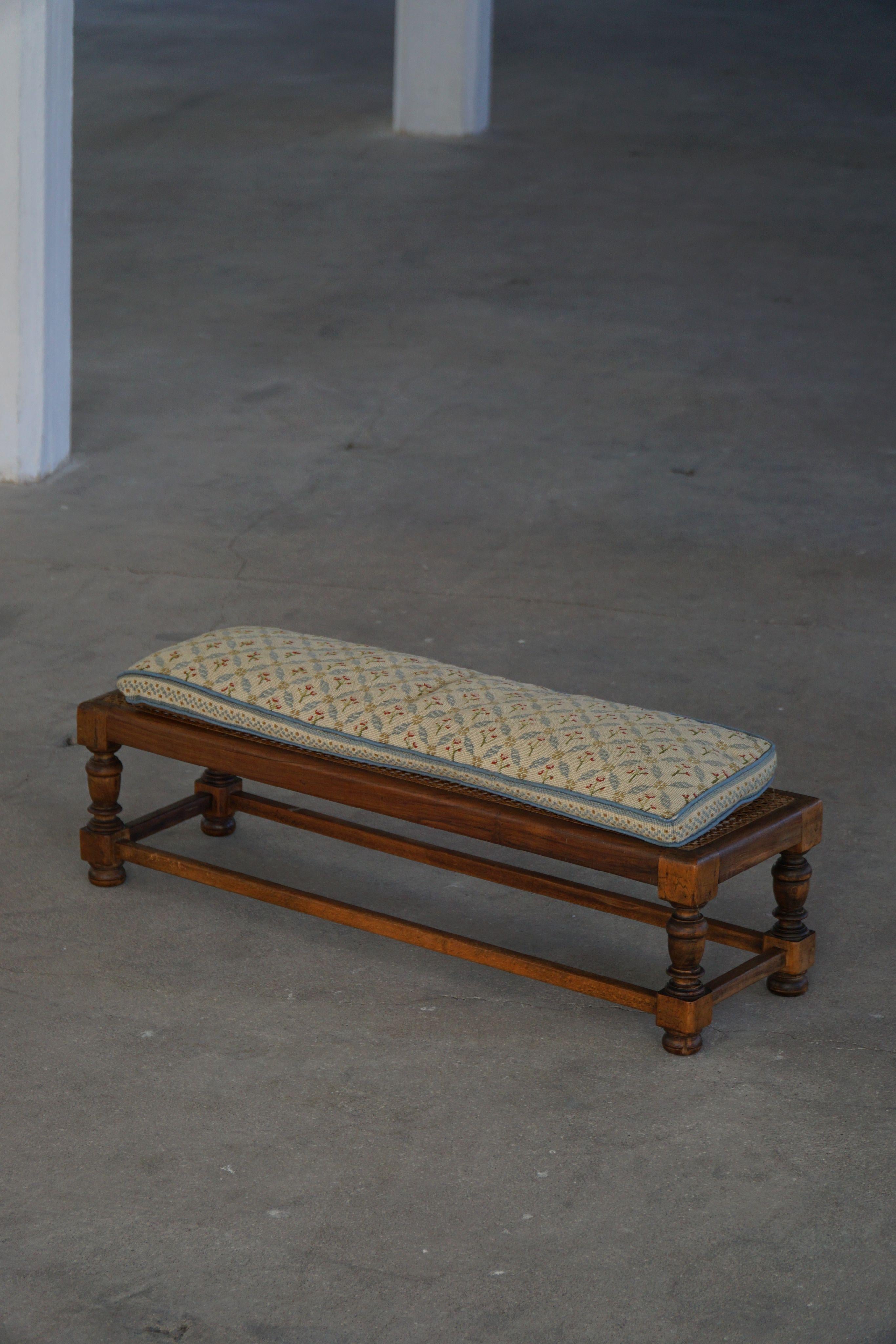 Danish Oak Footstool with Hand-Embroidered Cushion & Cane Seat, Baroque, 1940s For Sale 3