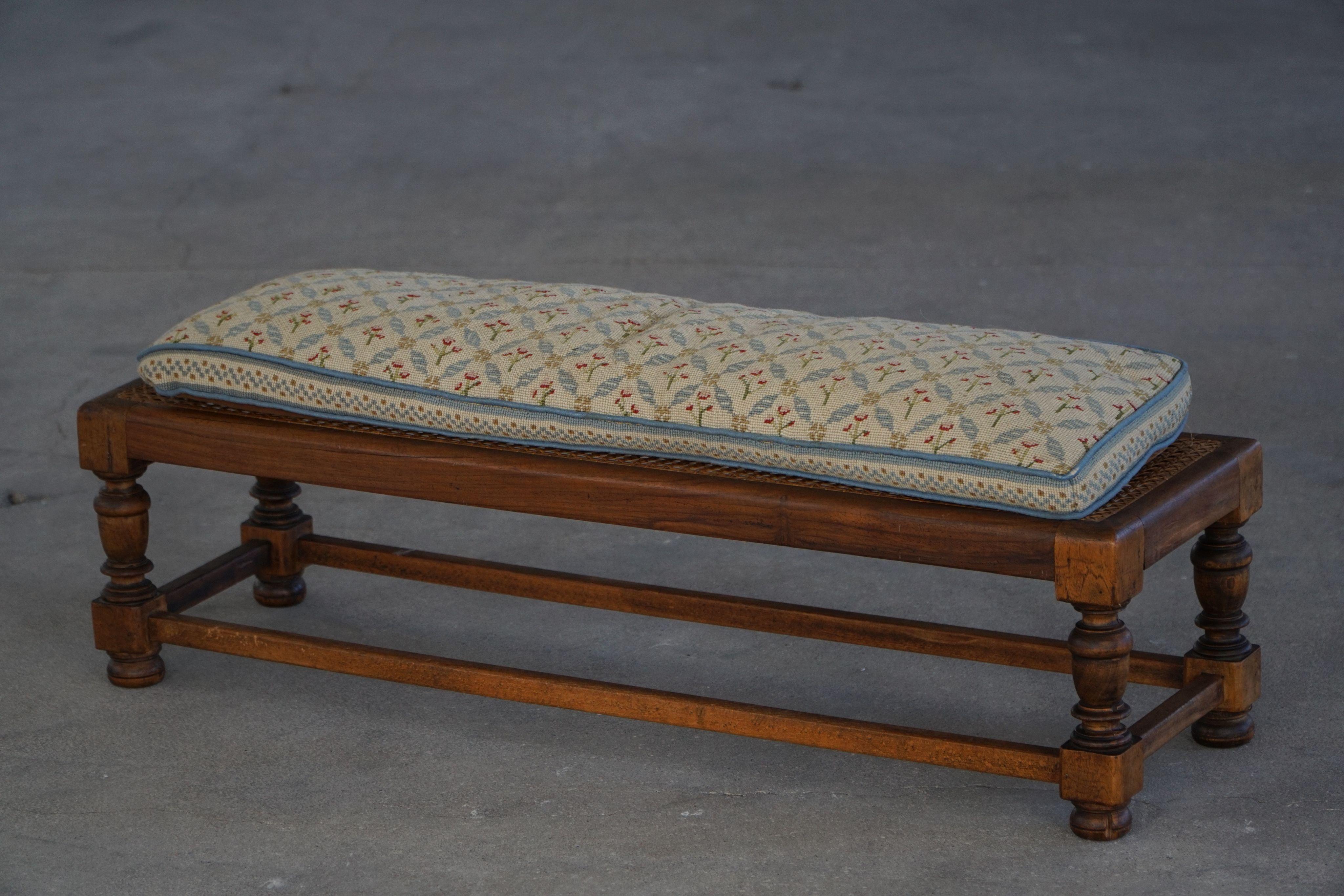 Danish Oak Footstool with Hand-Embroidered Cushion & Cane Seat, Baroque, 1940s For Sale 4