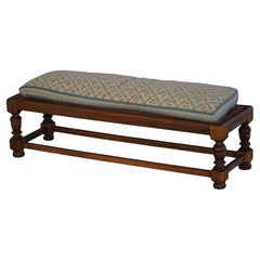 Danish Oak Footstool with Hand-Embroidered Cushion & Cane Seat, Baroque, 1940s
