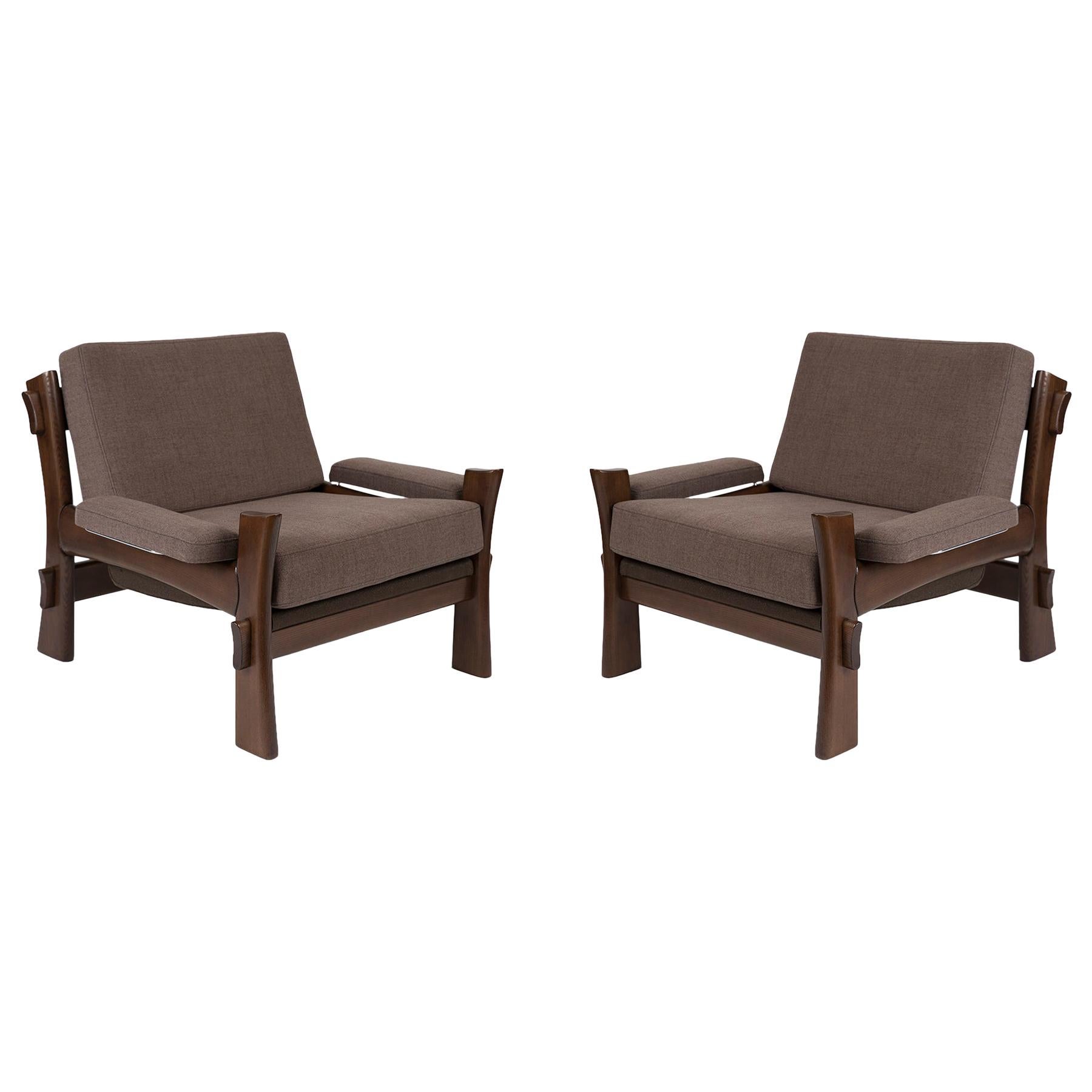 Danish Oak and Grey Upholstered Lounge Chairs
