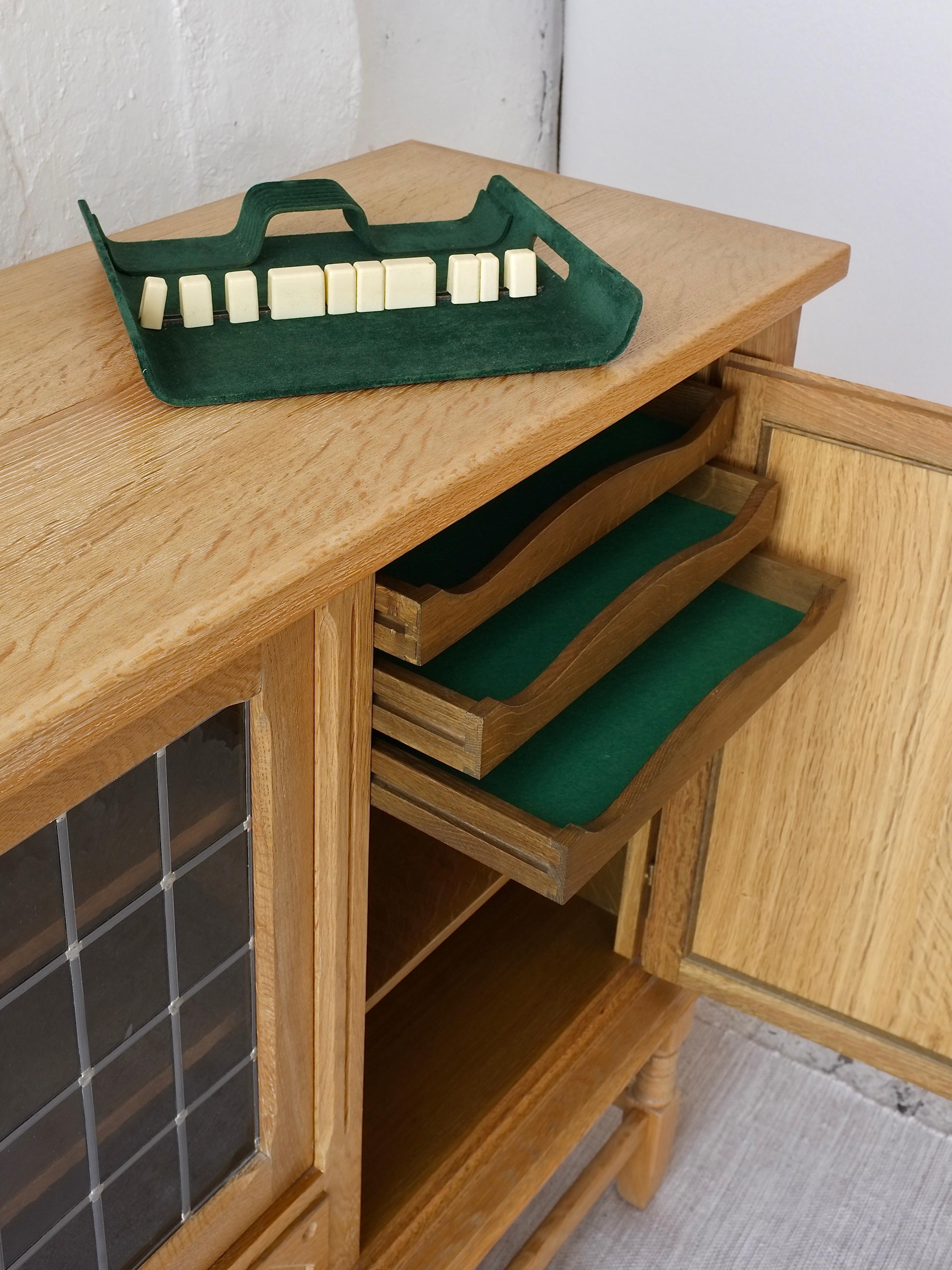 Art Glass Danish Oak High Sideboard by Henning Kjaernulf, 1950s
