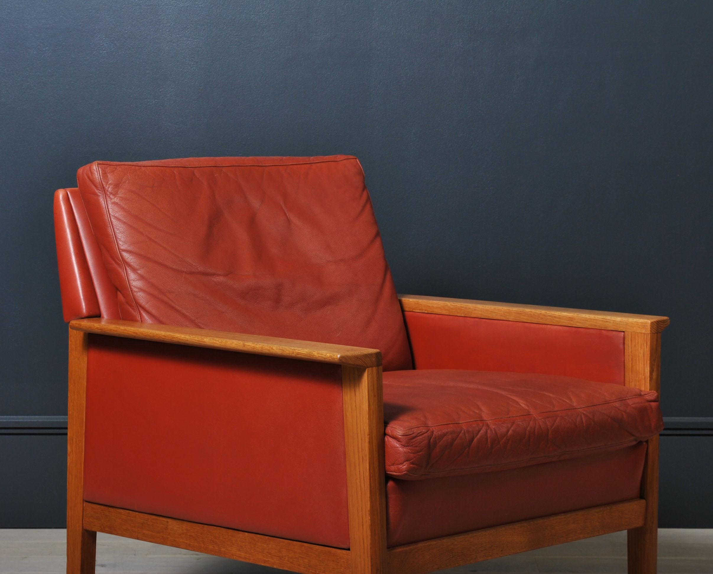 Danish Oak & Leather Lounge Club Chair 1