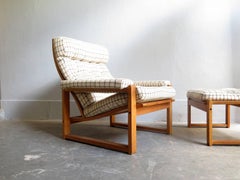 Danish Oak Lounge Chair and Ottoman with Original Fabric