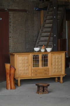 Danish Oak Sideboard with Leaded Glass Doors, Henning Kjærnulf, Denmark, 1960s