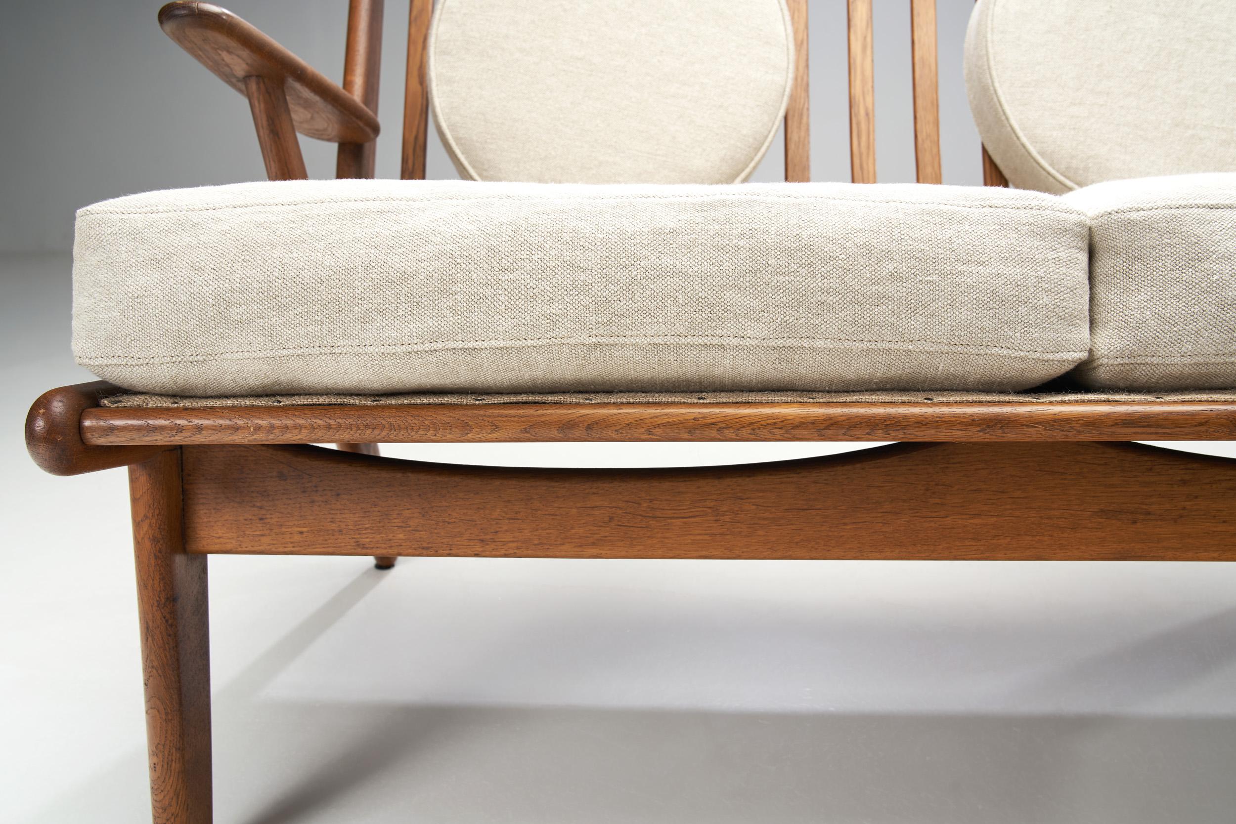 Danish Oak Two-Seater Bench with Pillows, Denmark ca. 1950s For Sale 12