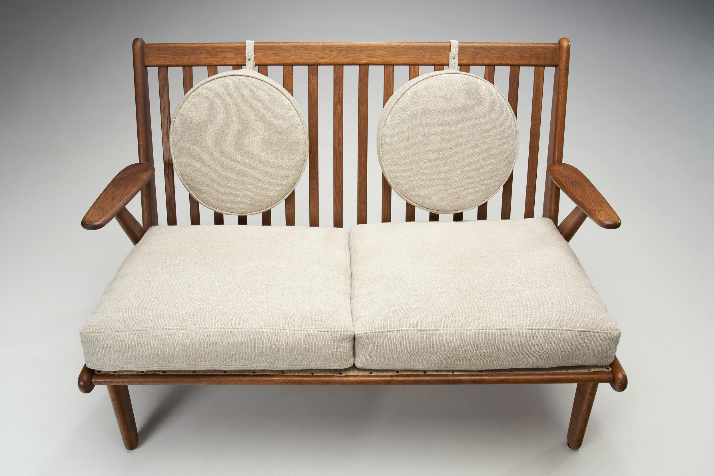 Danish Oak Two-Seater Bench with Pillows, Denmark ca. 1950s For Sale 1