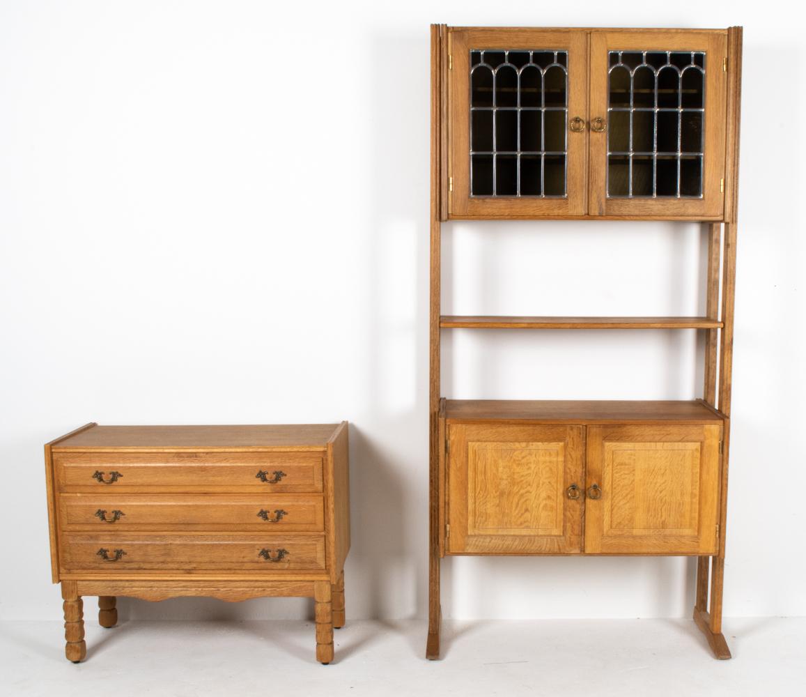 Modular storage systems are Scandinavia's gift to the world. This fabulous set in the Danish Brutalist style by Carl Eriksen Mobler (CEMO) features solid quarter-sawn white oak construction and Rococo-inspired hardware. The leaded tinted glass