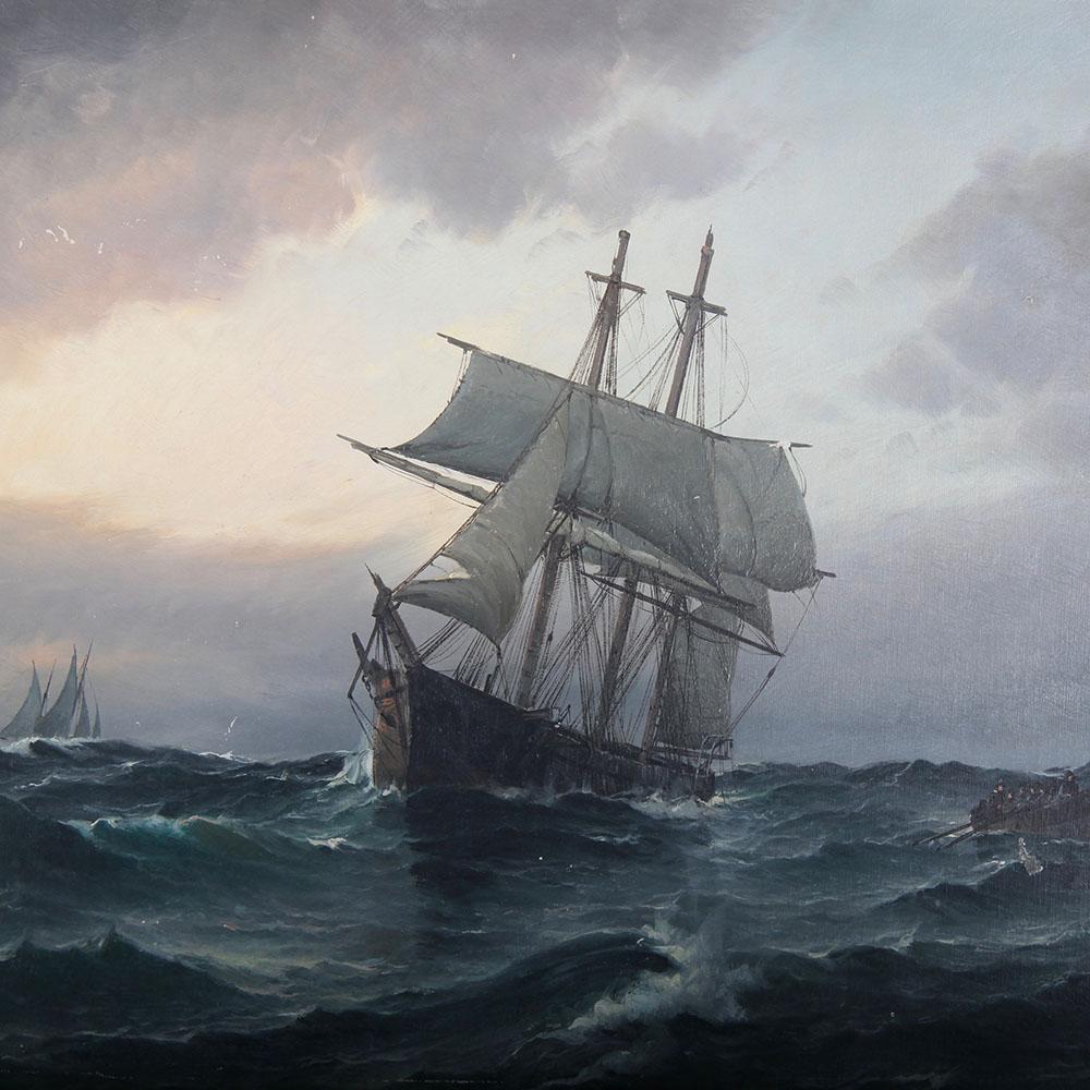 A large seascape oil on canvas by the Danish artist Vilhelm Bille (1864-1908) depicting a three-masted sailing ship in peril, its crew abandoning ship in their longboat.
Impressive period carved and gilded frame likely original to the