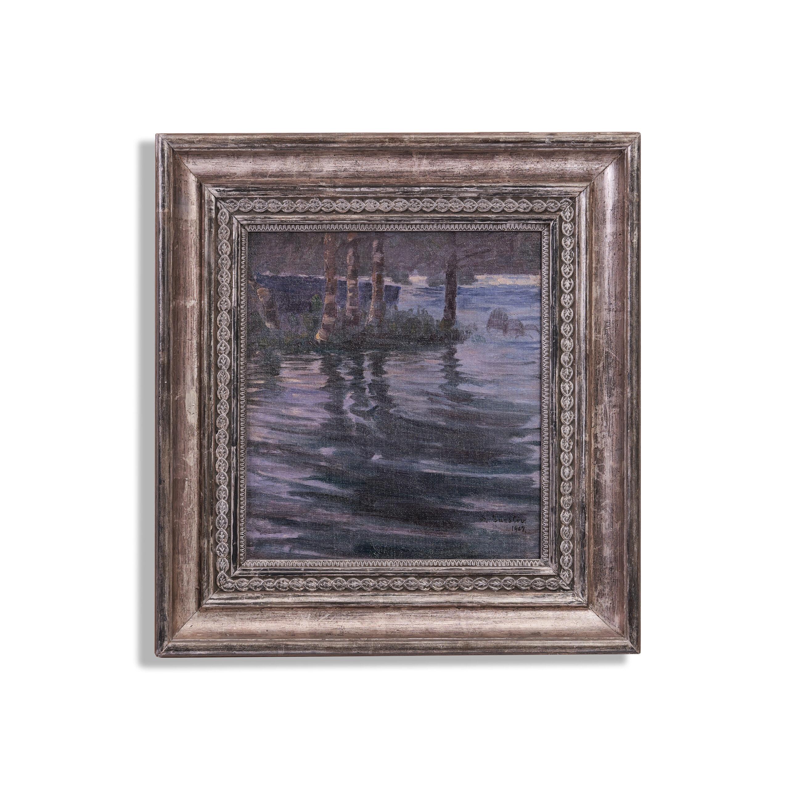 Frederik Larsen-Saerslov

(1870 Holbaek -1942 Gentofte

Denmark)

“Birches by the Pond”

Oil on canvas, mounted on cardboard, created in 1907, signed and dated lower right, framed

50 cm x 47.5 cm Frame dimensions

33 cm x 31 cm Image