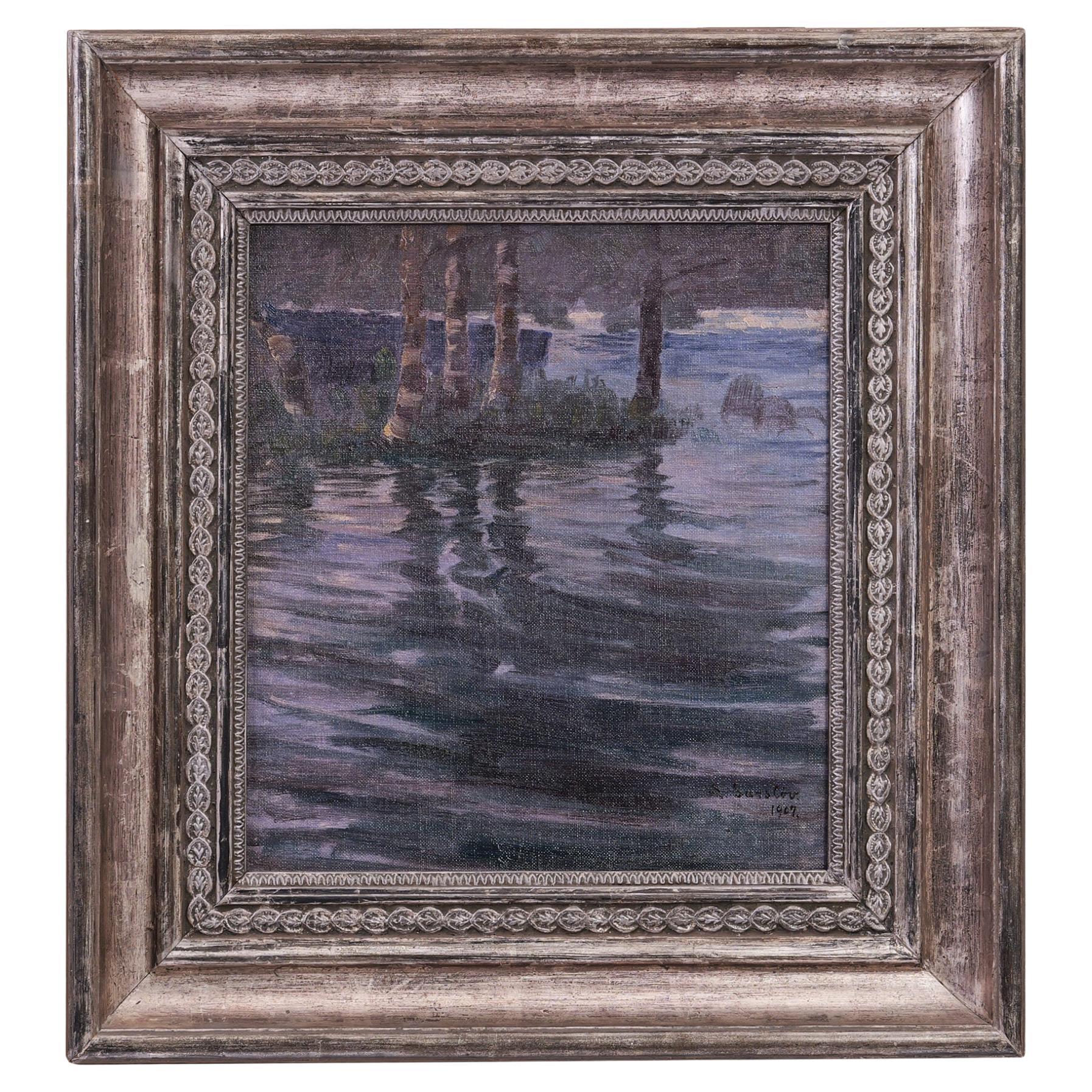 Danish Oil Painting 1907 Frederik Larsen-Saerslov “Birches by the Pond” For Sale