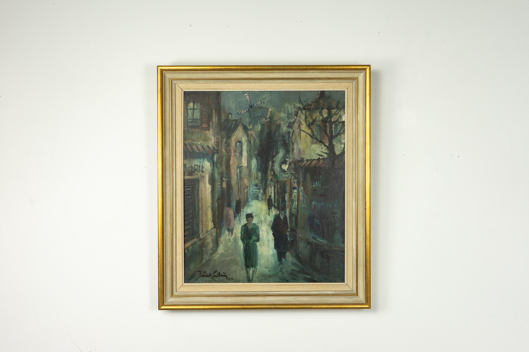 Oil painting with gilded gold frame by Poul Kastrup, circa 1950's. An urban scene with a central figure in the foreground of a moody, intriguing streetscape. Signed original, artist biography on back side.

Please inquire for international and
