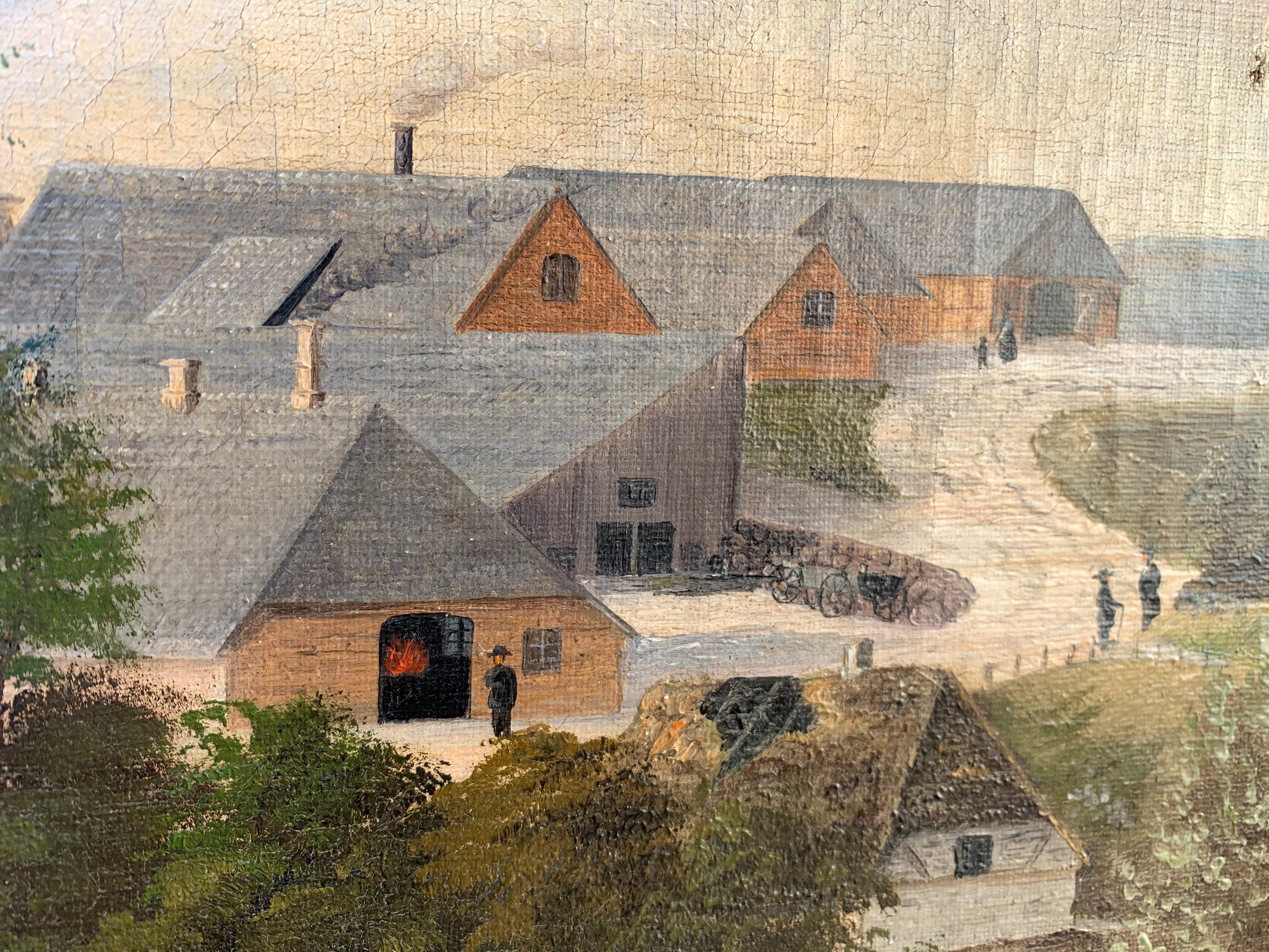Toile Peinture à l'huile danoise de paysage de ferme datée de 1884 en vente