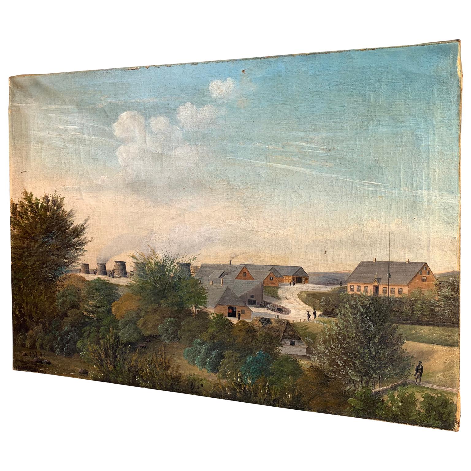 A 19th century oil painting of a Danish landscape representing an Industrial area with person in 18th Century clothes. Signed and dated JKJ 1884. A tergo signed Andersen on the backside.