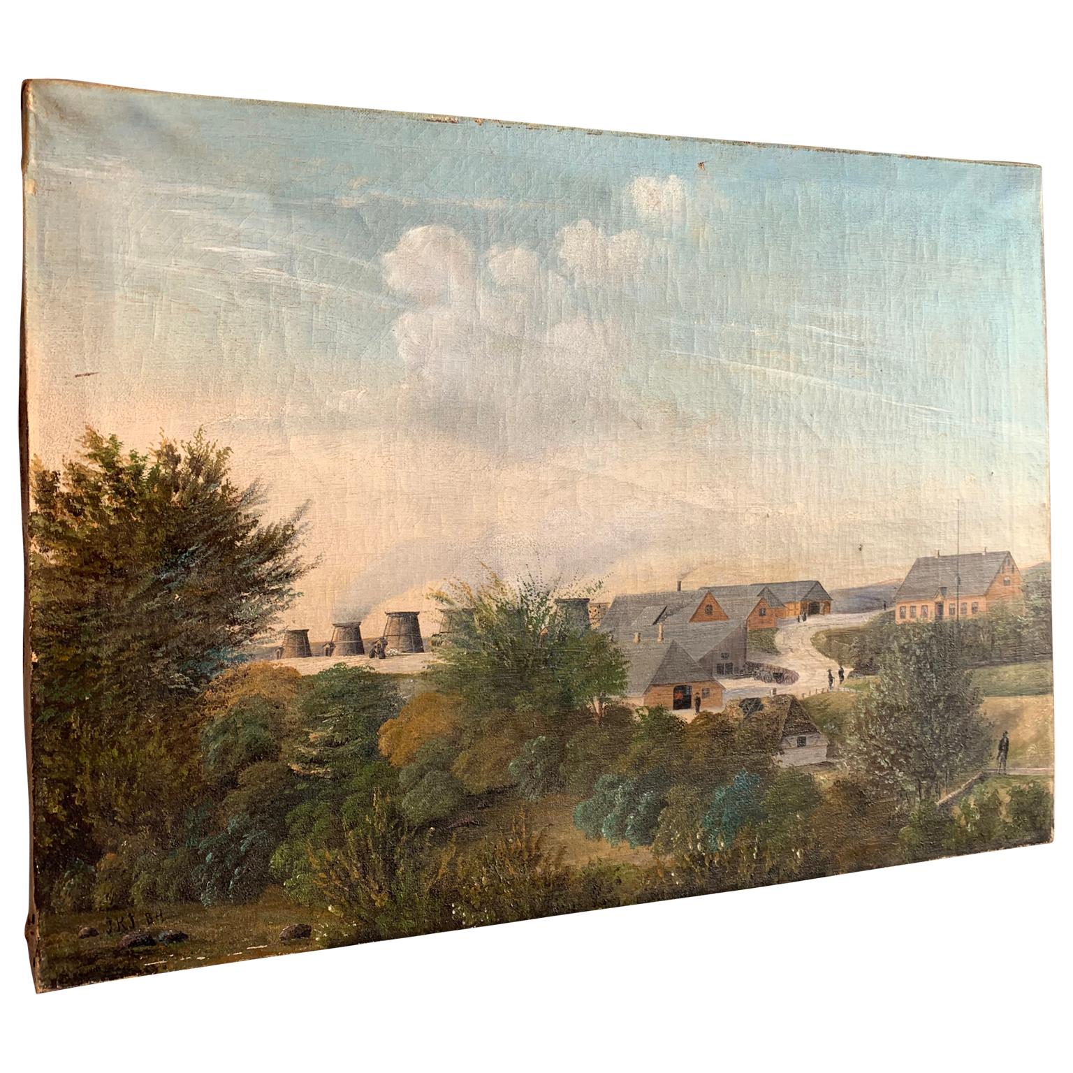 Peinture à l'huile du 19e siècle d'un paysage danois représentant une zone industrielle avec un personnage vêtu au 18e siècle. Cette œuvre d'art ancienne est signée et datée JKJ 1884. Un tergo signé Andersen au verso.