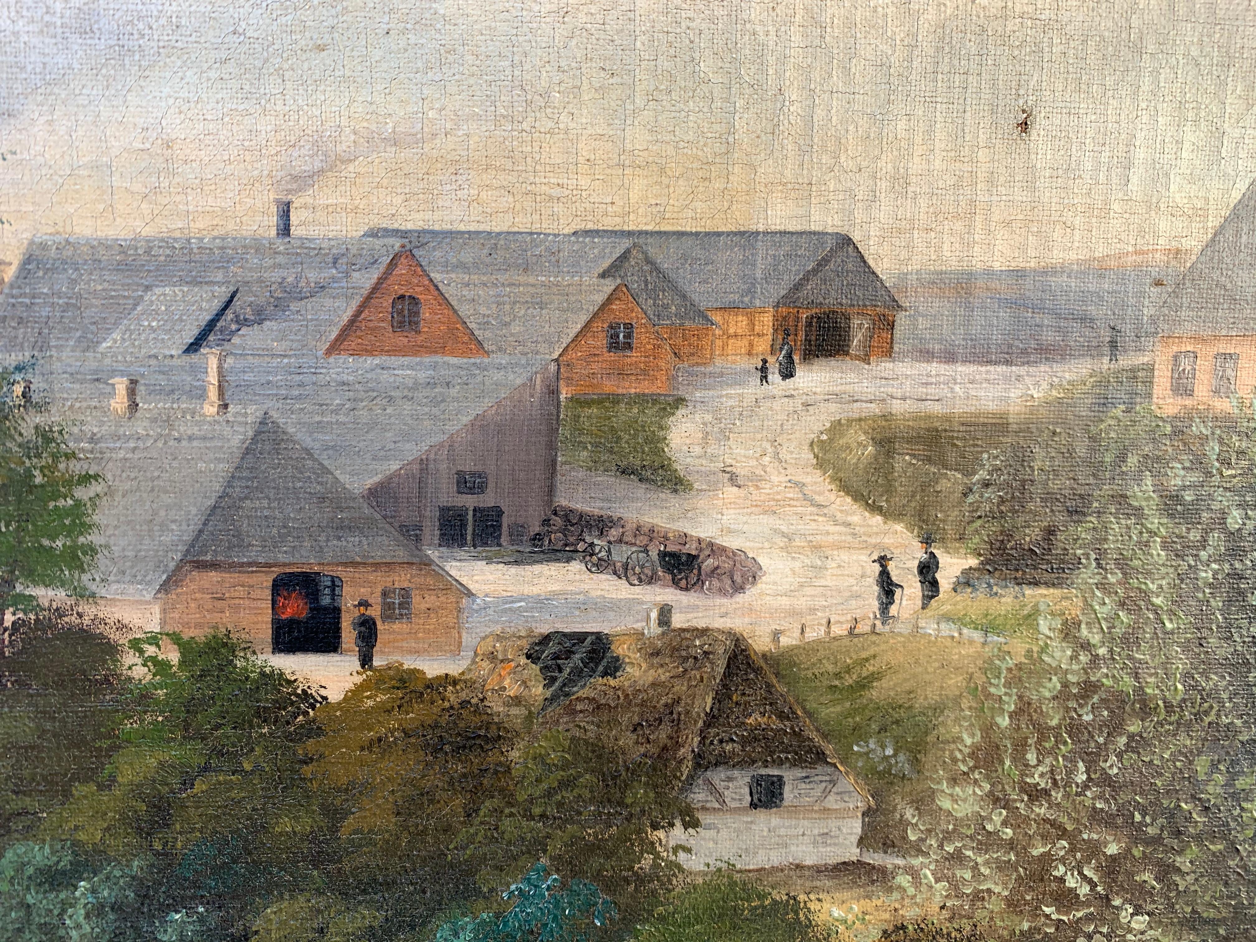 Peint à la main Peinture à l'huile danoise de paysage de ferme datée de 1884 en vente