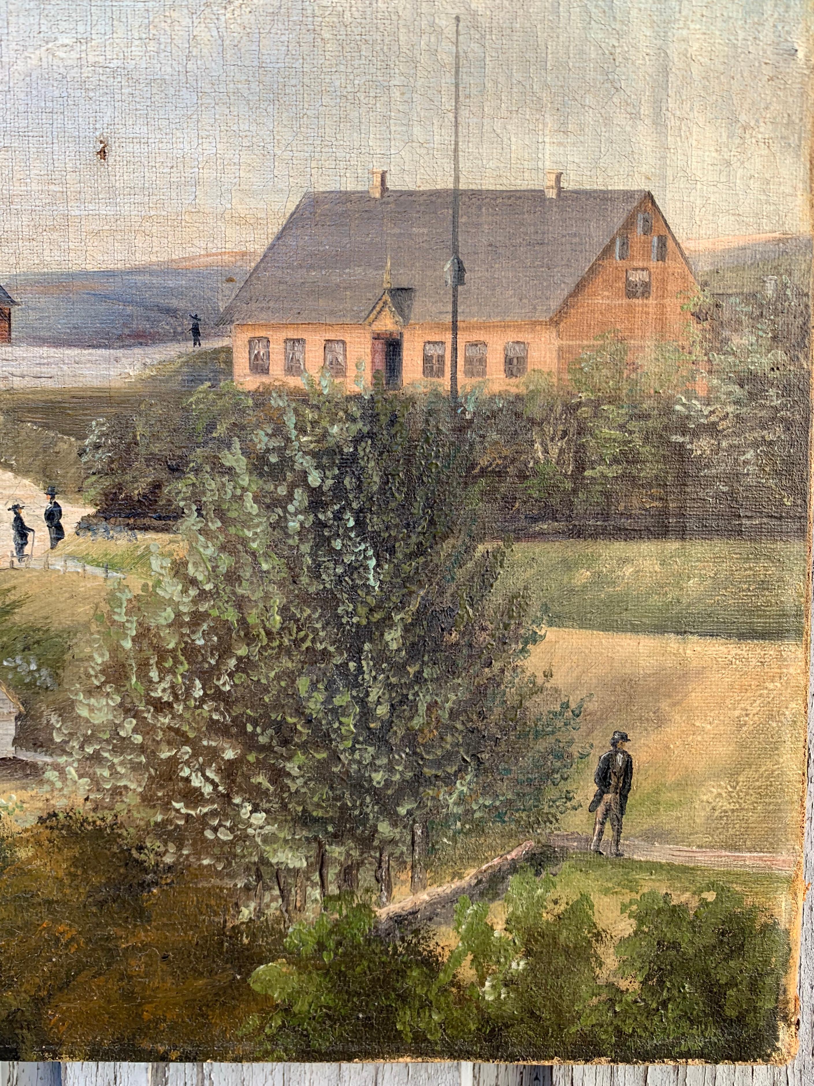 Fin du XIXe siècle Peinture à l'huile danoise de paysage de ferme datée de 1884 en vente