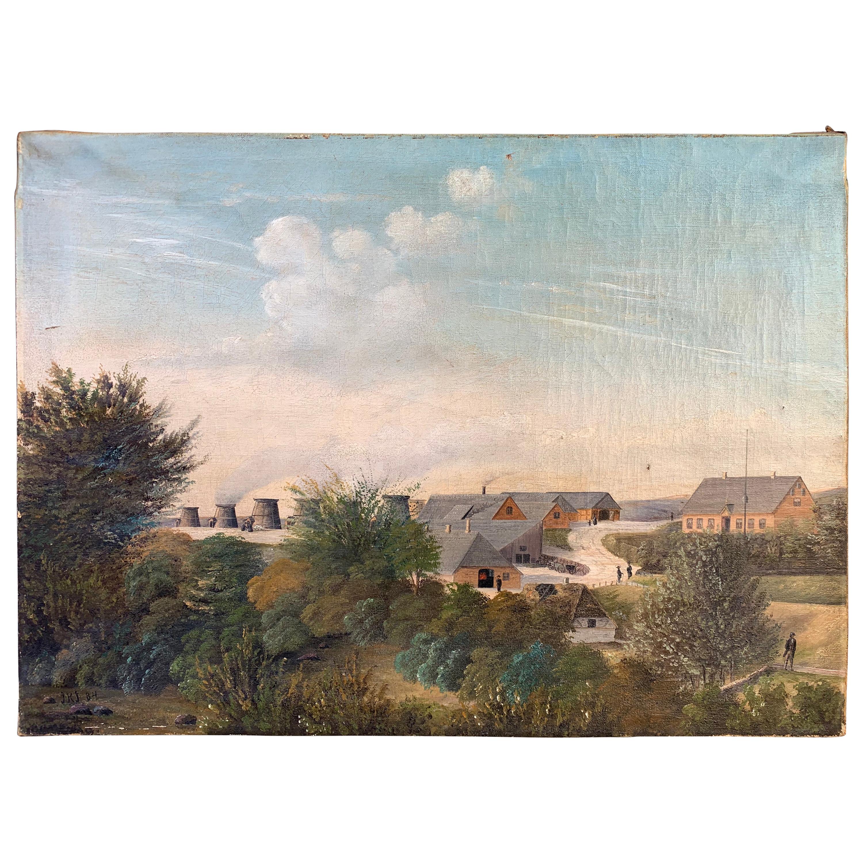 Danish Farm Landscape Oil Painting Dated 1884