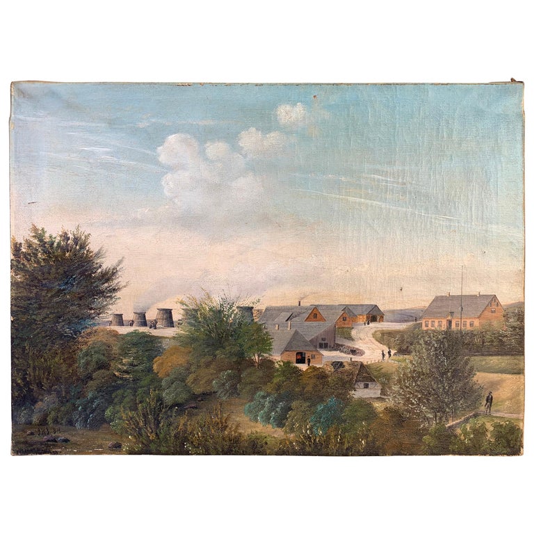 Peinture à L'huile Originale Paysage Village église été Danemark - Art Déco 1925-1949 - Signée