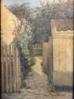 Peinture à l'huile danoise représentant un passage devant un cottage avec des roses trémières, 1932
