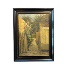 Peinture à l'huile danoise représentant un passage devant un cottage avec des roses trémières, 1932