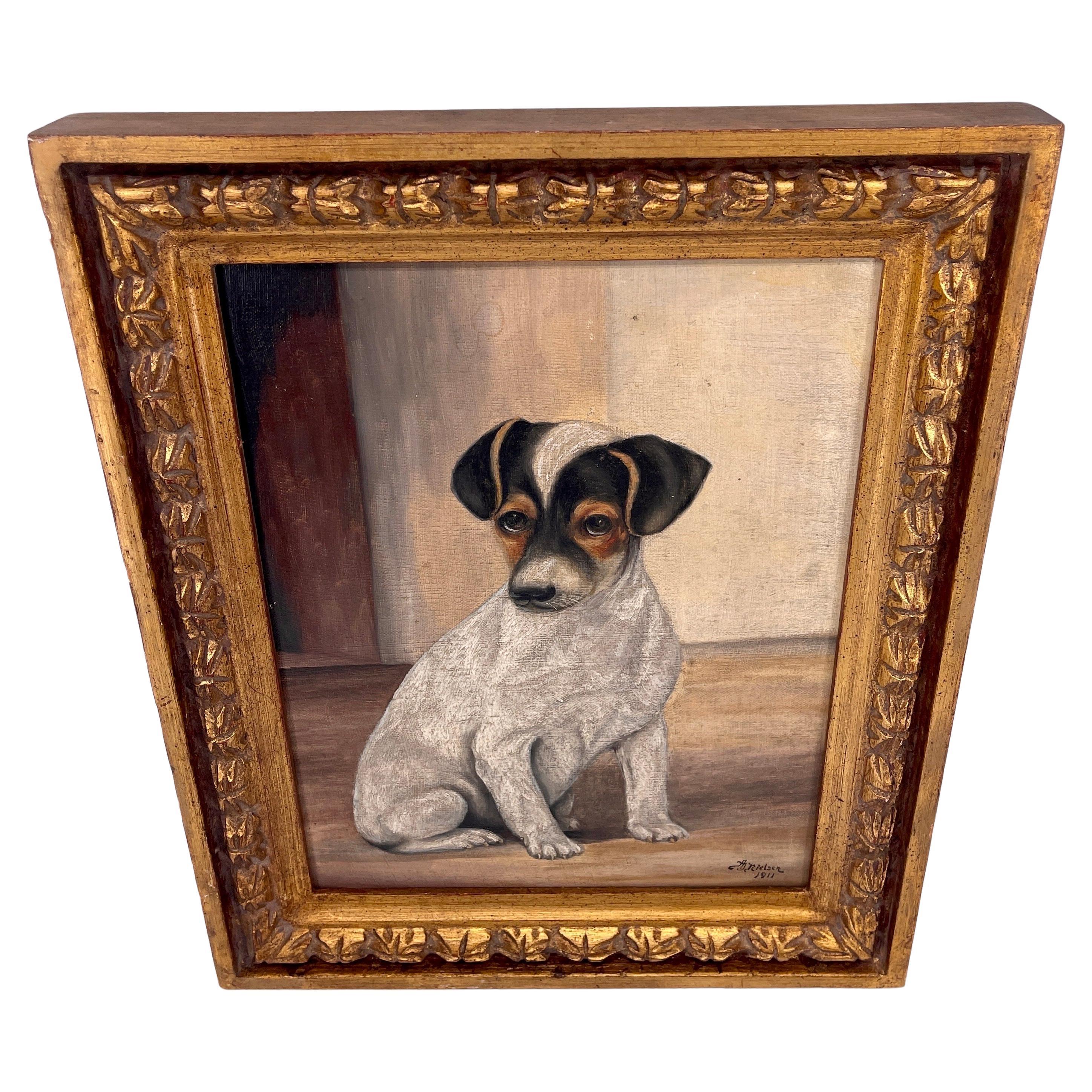 20th Century Danish Oil Painting of a Jack Russell Puppy Terrier, Dated 1911 For Sale
