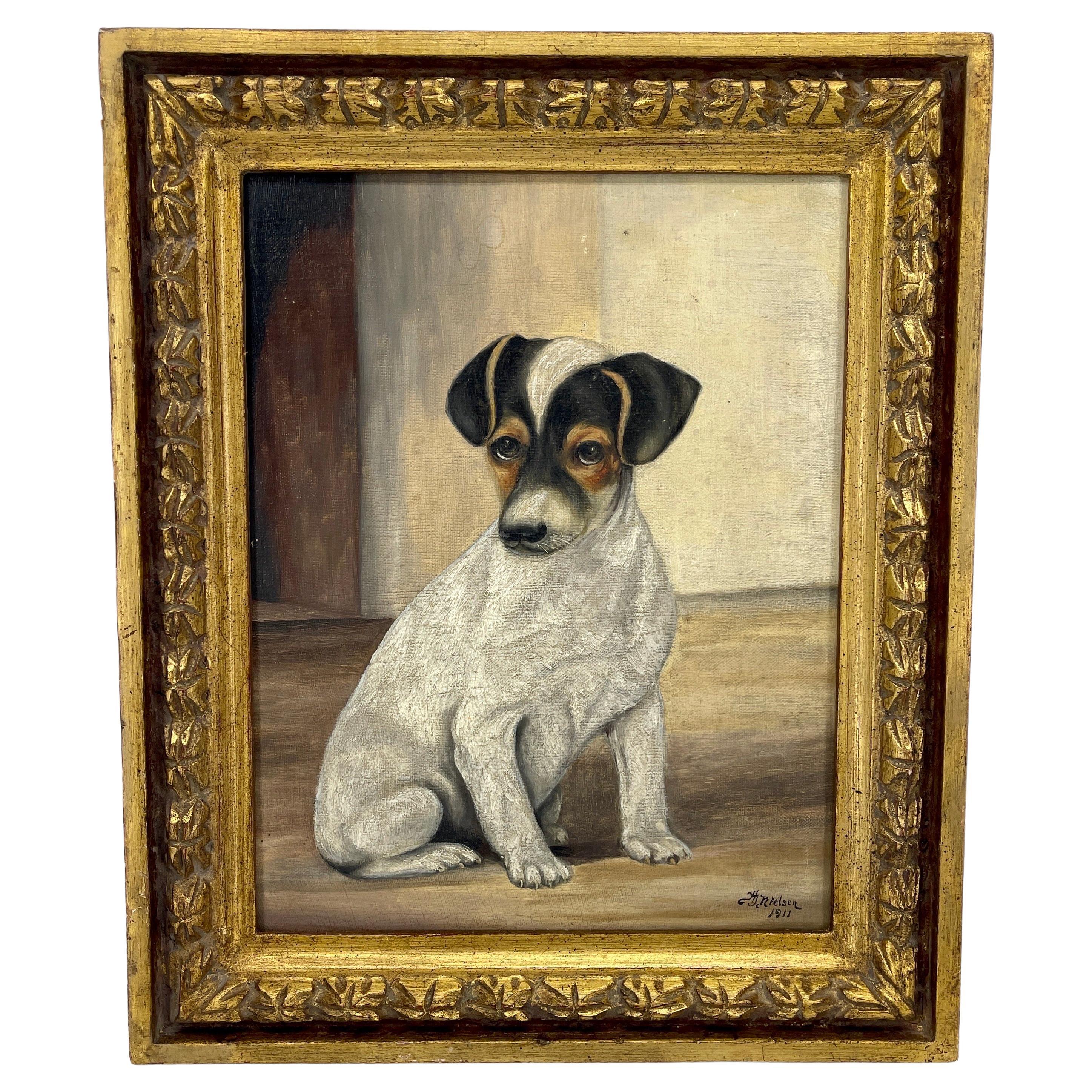 Peinture à l'huile danoise d'un chien de chasse Jack Russell, datée de 1911