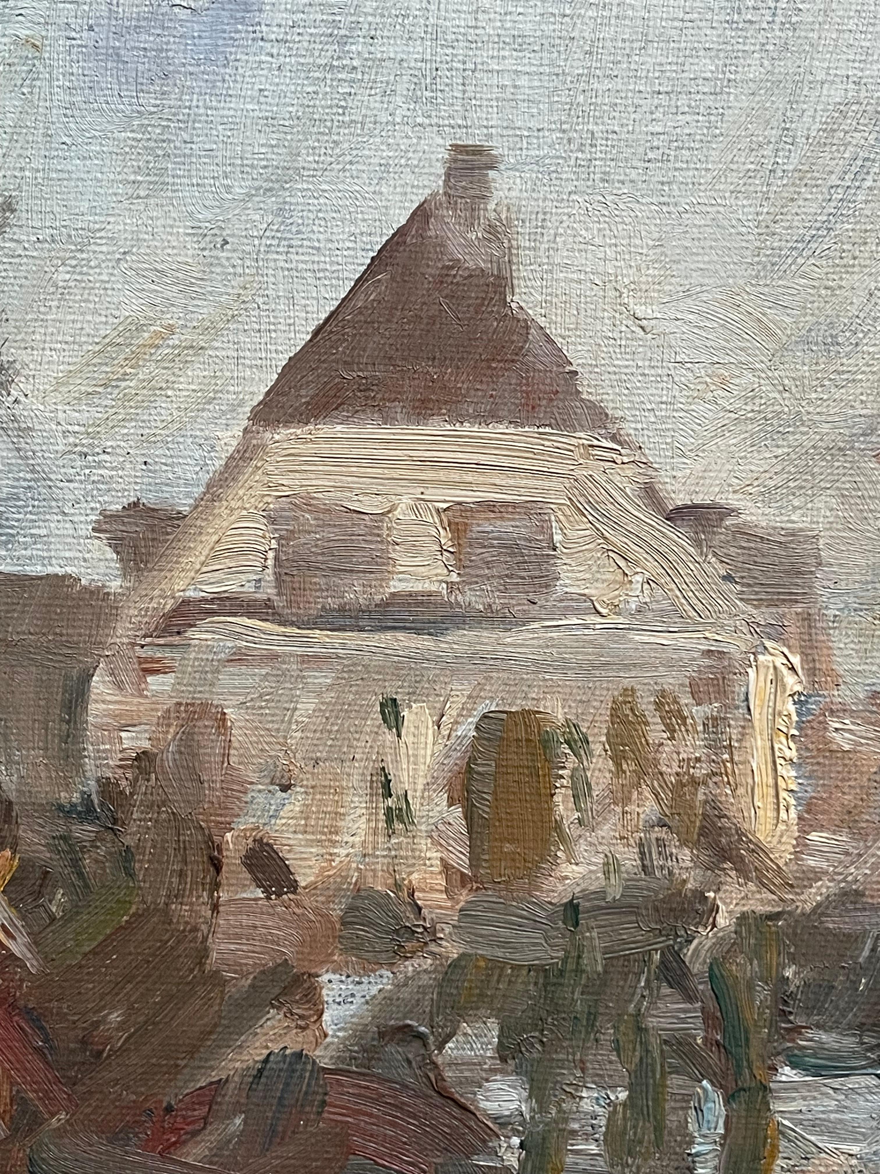 Romantique Peinture à l'huile danoise représentant un paysage d'hiver avec des maisons à Frederiksberg, Copenhague en vente