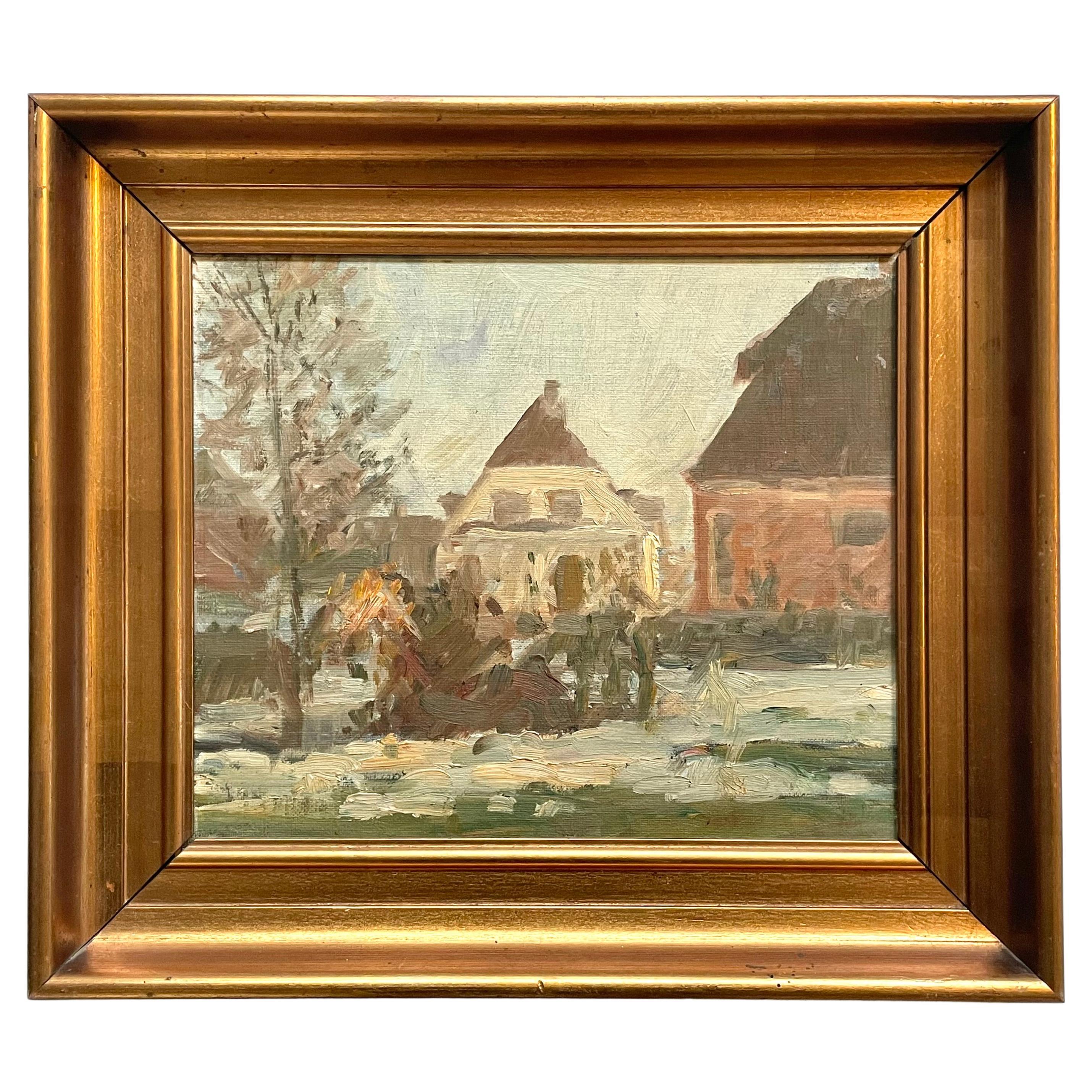 Peinture à l
huile danoise représentant un paysage d
hiver avec des maisons à Frederiksberg, Copenhague en vente