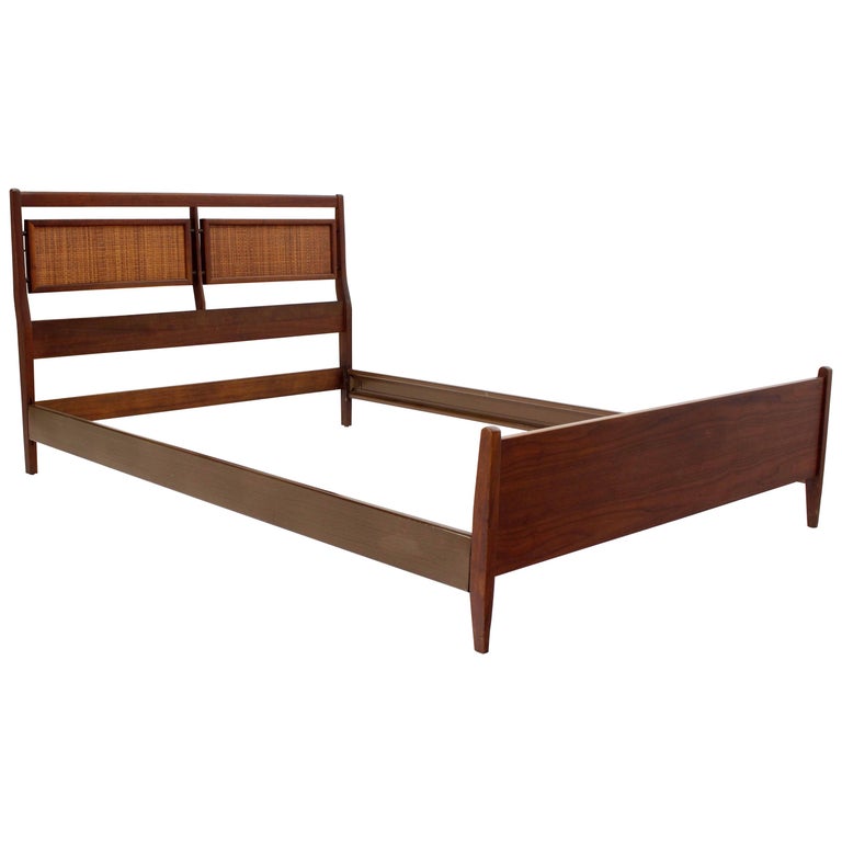 Danish Oiled Walnut Cane Back Full Size Bed Headboard Rails Footboard at 1stDibs