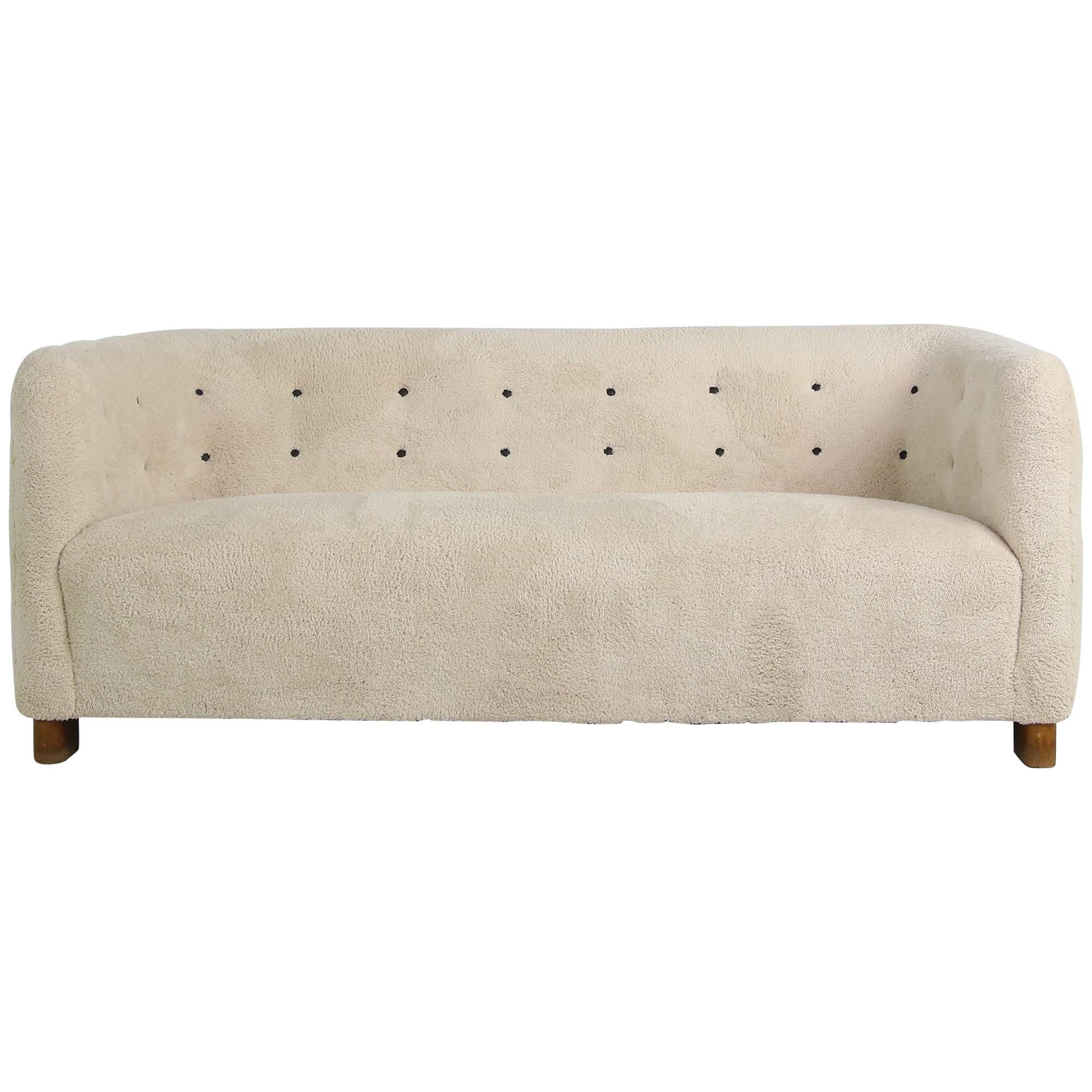 Danish Ole Wanscher for Fritz Hansen Sofa Mod. 1668 Teddy Fur and Leather Tufted