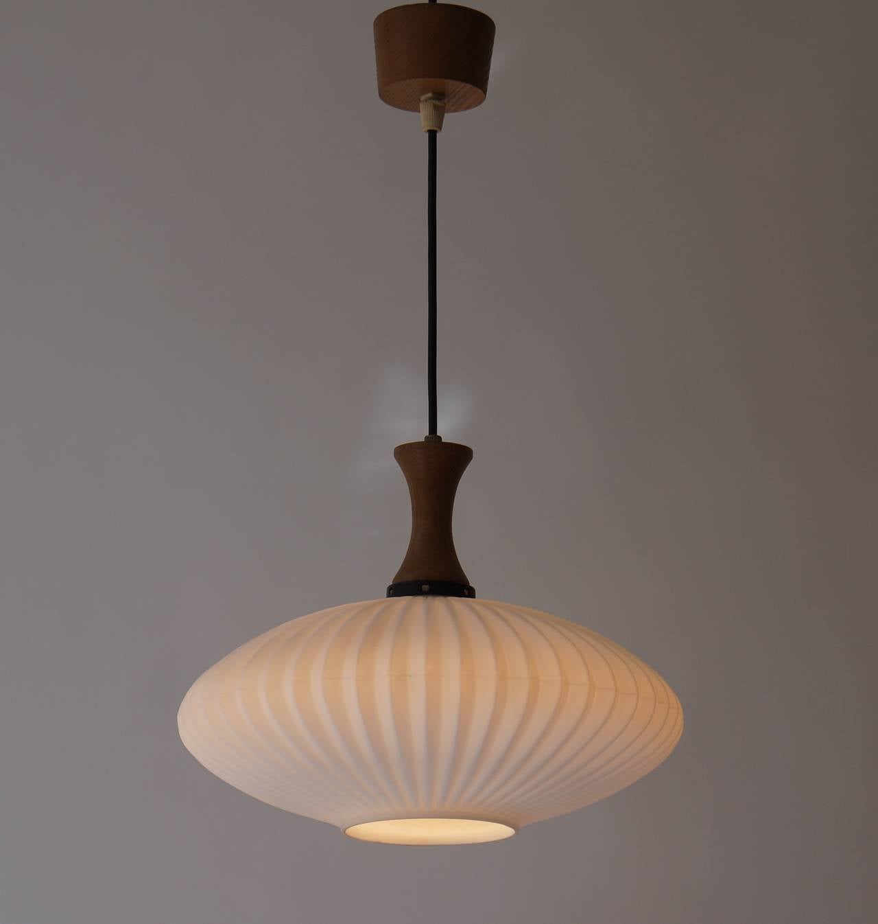 Hollywood Regency Danish Opaline and Wood Pendant Light For Sale