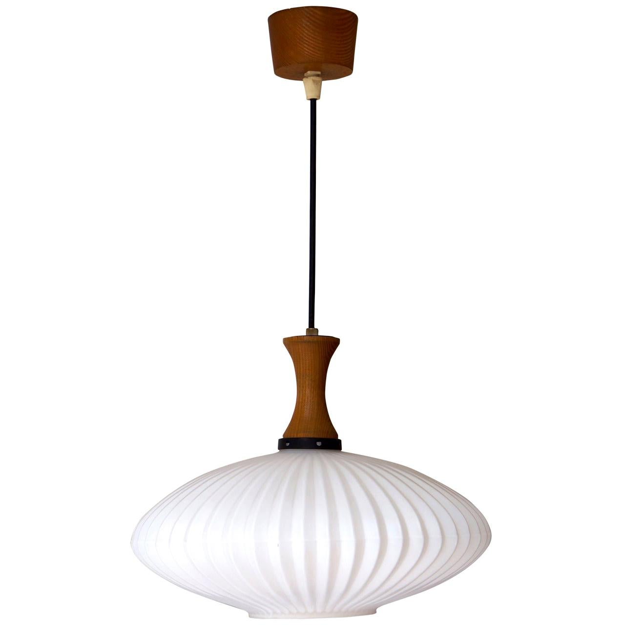 Danish Opaline and Wood Pendant Light