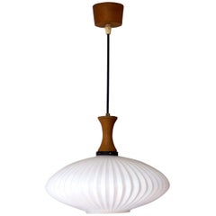 Danish Opaline and Wood Pendant Light