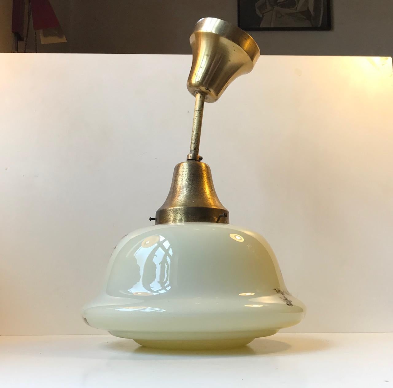 Art Deco Danish Opaline Glass and Brass Funkis Pendant Lamp from Lyfa, 1930s