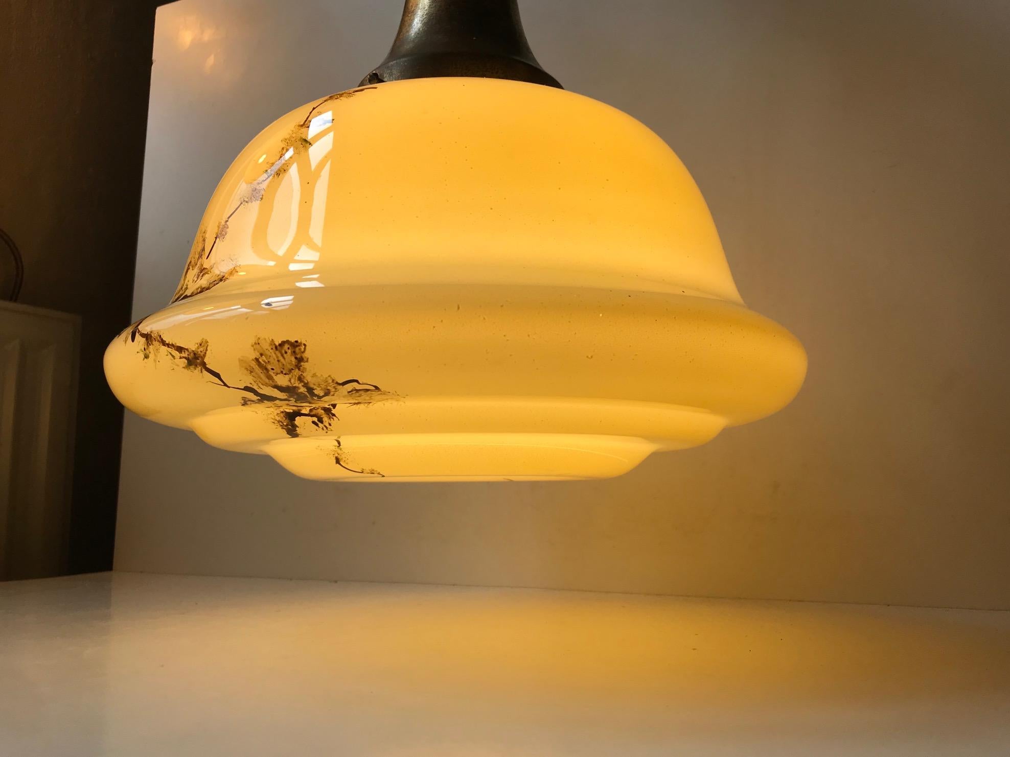 Danish Opaline Glass and Brass Funkis Pendant Lamp from Lyfa, 1930s In Good Condition In Esbjerg, DK