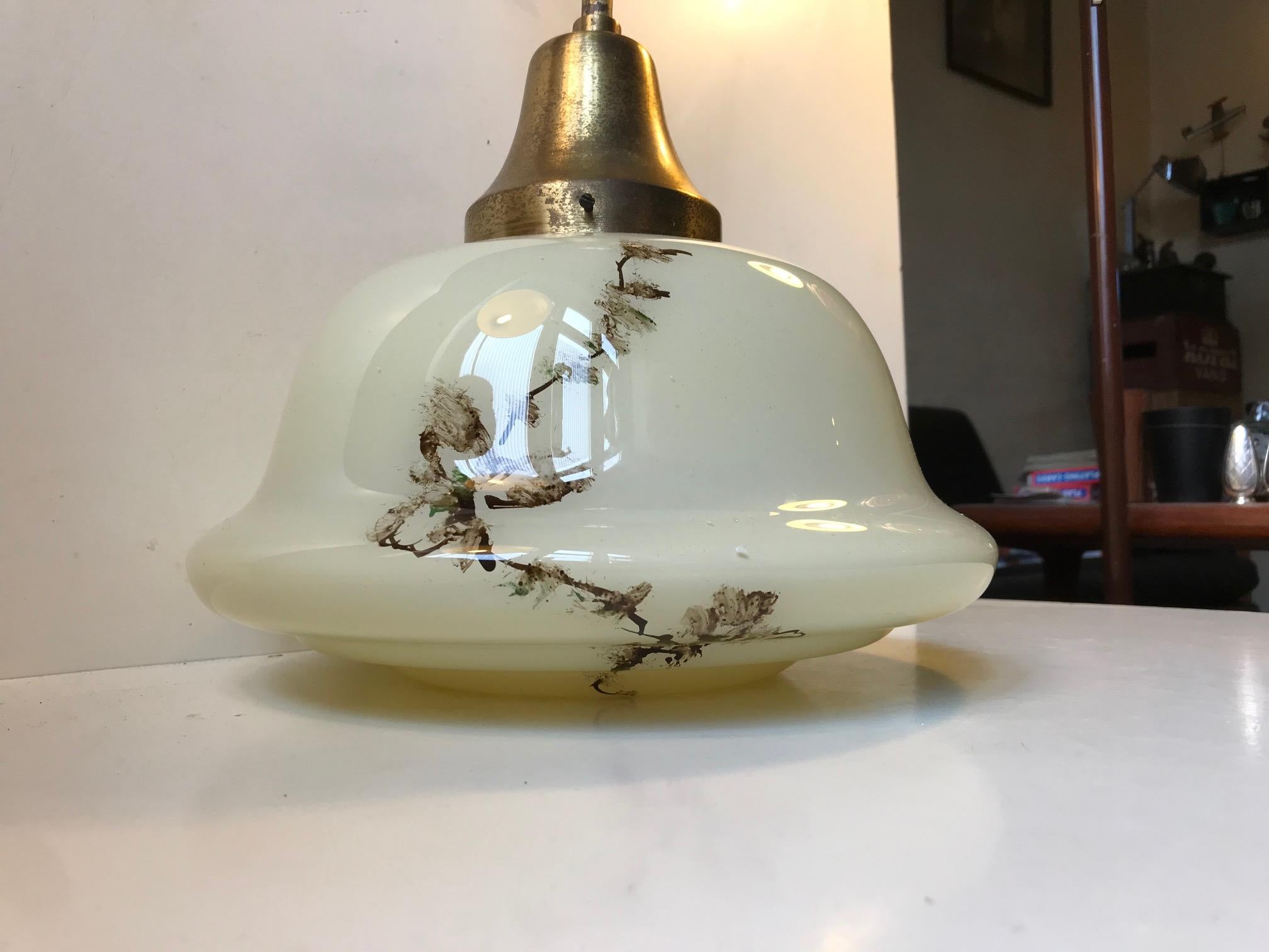 Mid-20th Century Danish Opaline Glass and Brass Funkis Pendant Lamp from Lyfa, 1930s