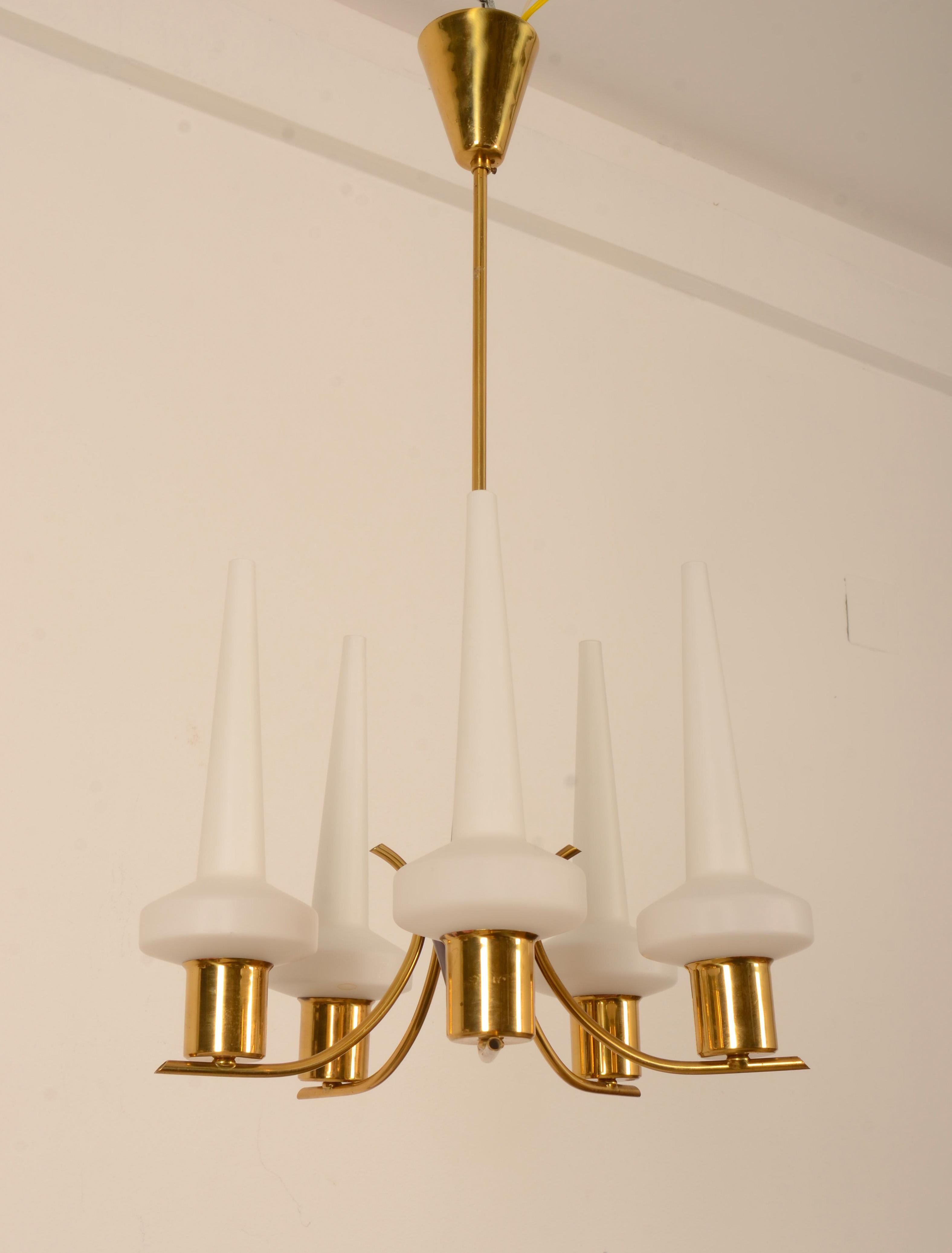 Brass Danish Opaline Glass Chandelier From The Late 1950s For Sale