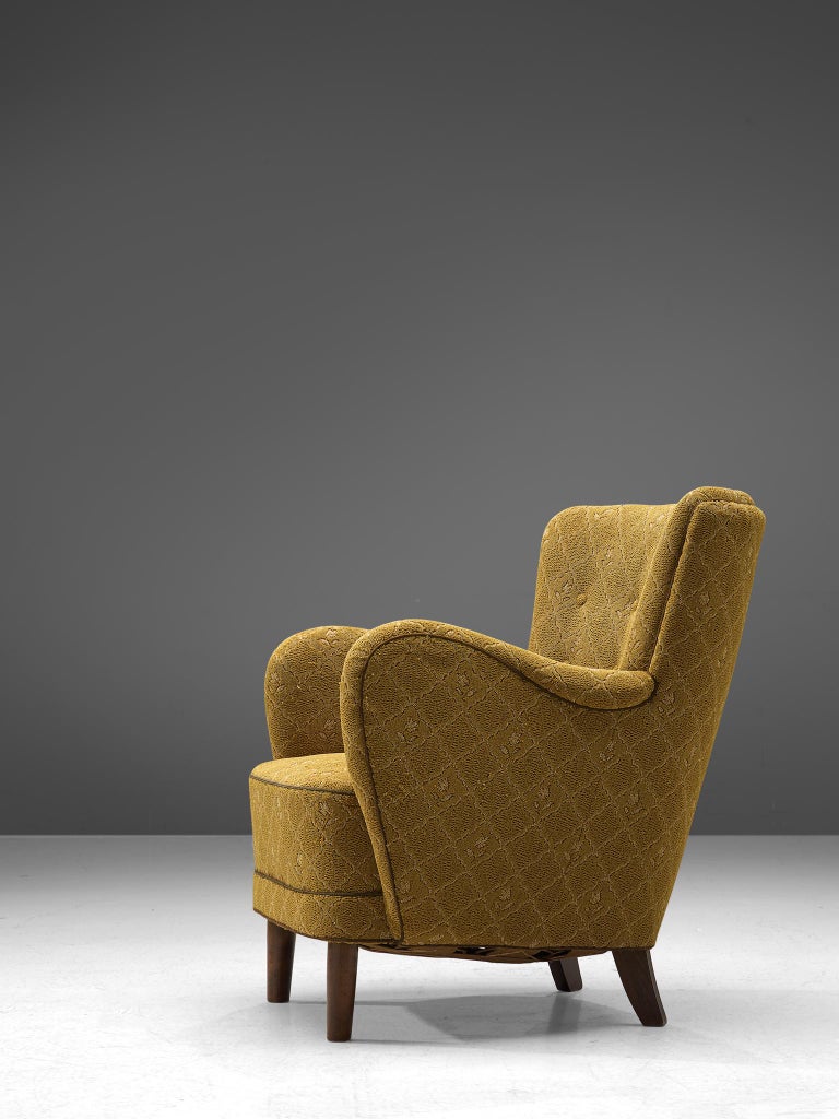Danish Organic Shaped Lounge Chair in Mustard Yellow Fabric, 1940s at