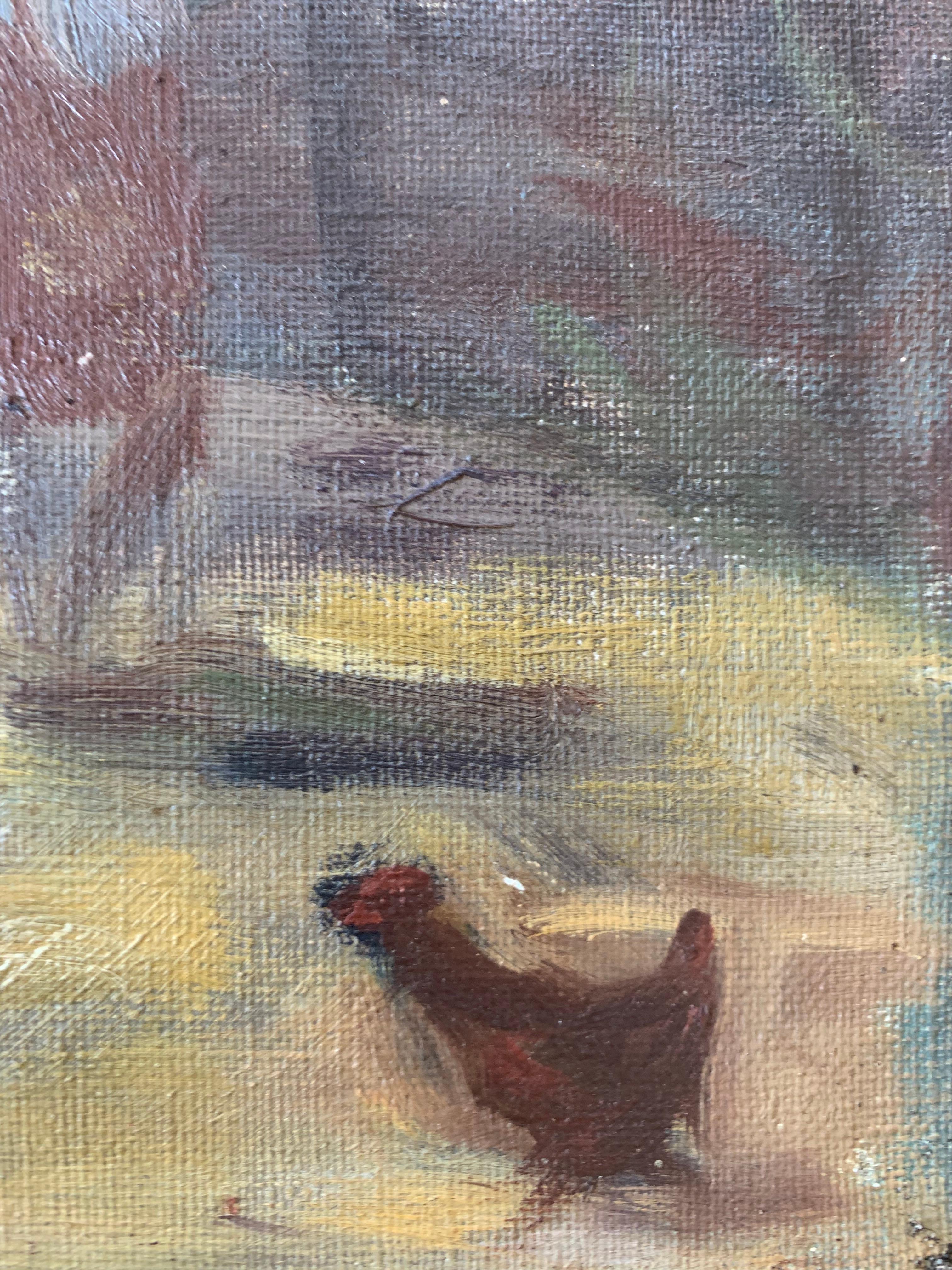 Peinture à l'huile danoise originale du milieu du siècle représentant un paysage de campagne avec des poulets en vente 4