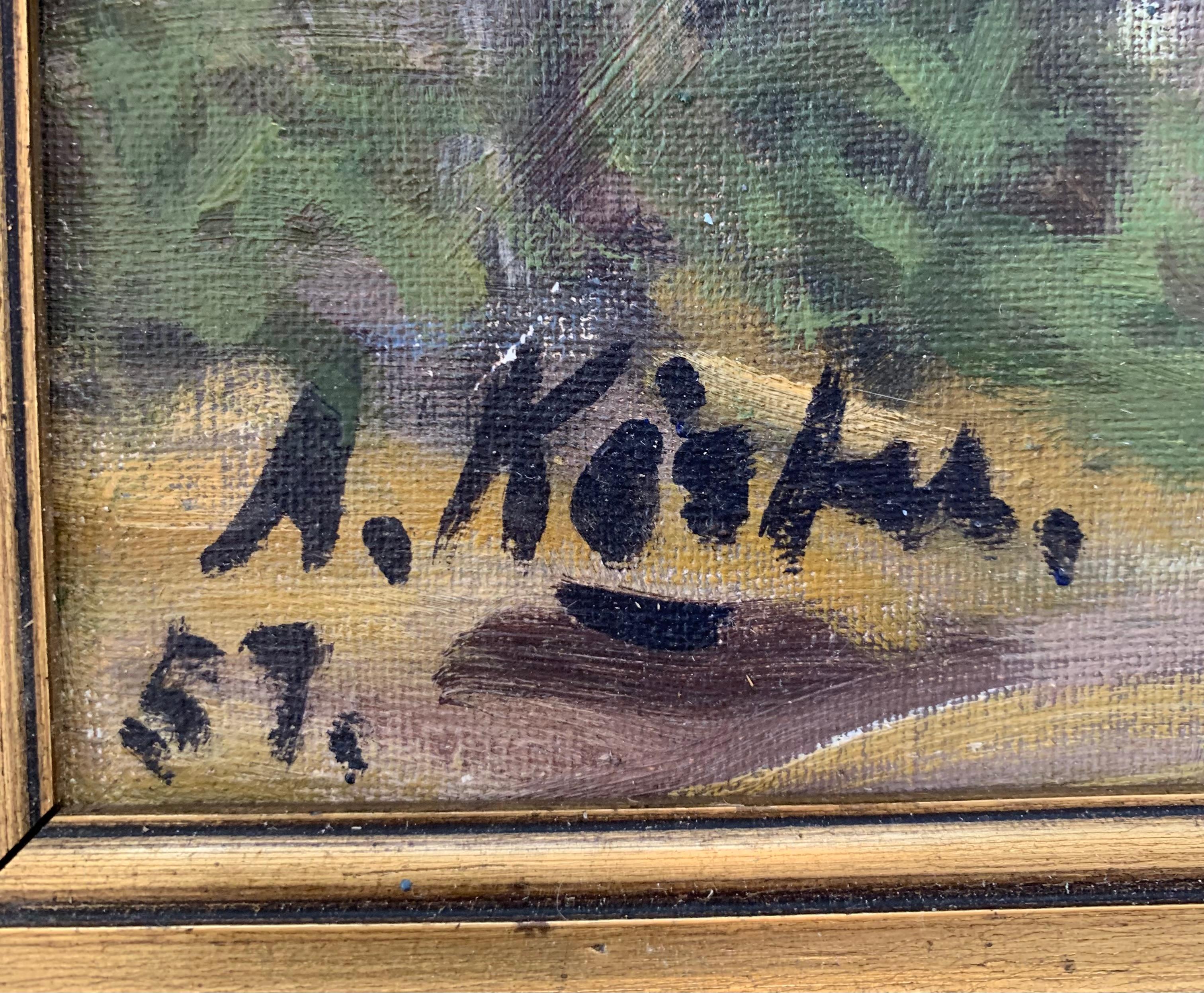Peinture à l'huile danoise originale du milieu du siècle représentant un paysage de campagne avec des poulets en vente 5