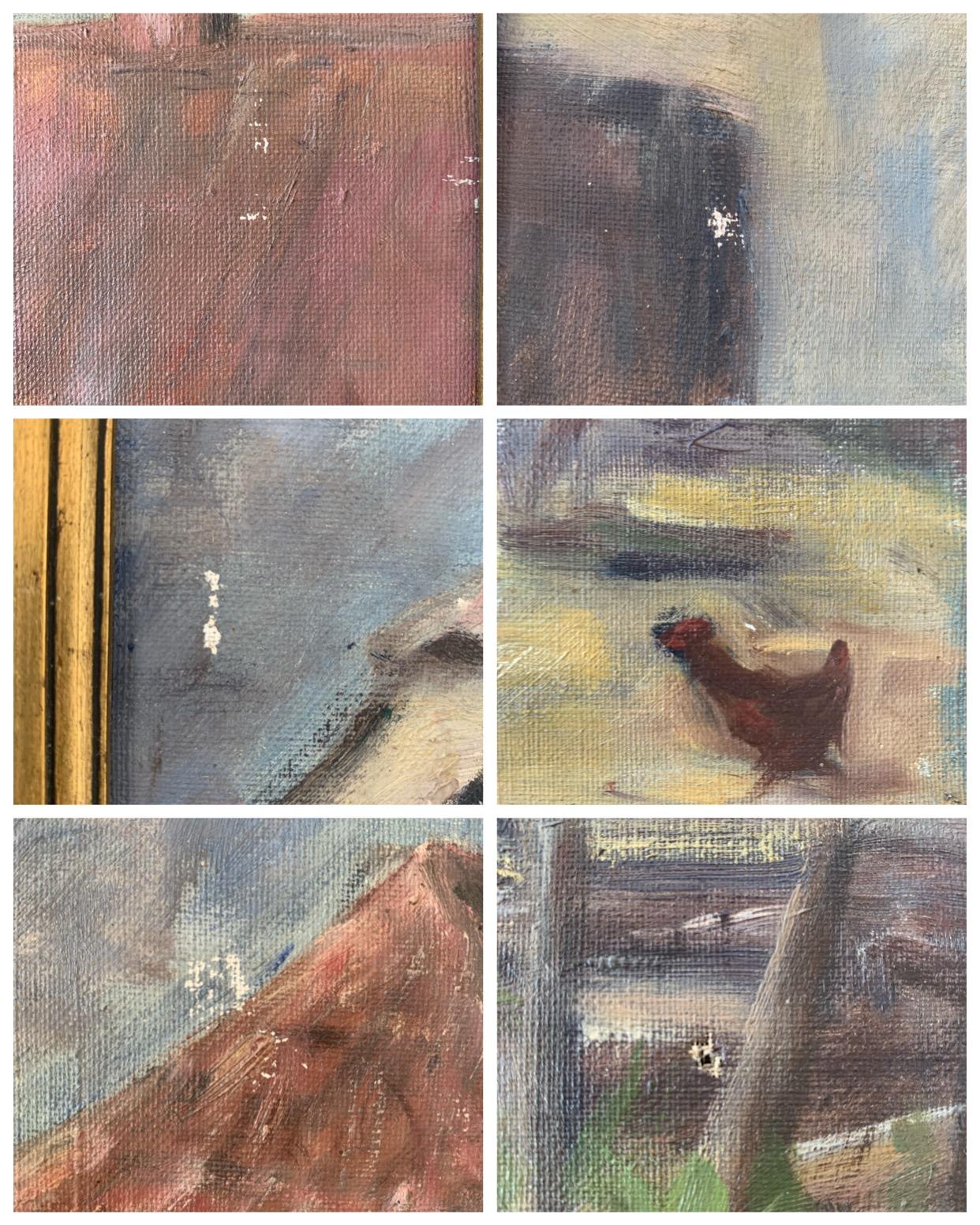 Peinture à l'huile danoise originale du milieu du siècle représentant un paysage de campagne avec des poulets en vente 7